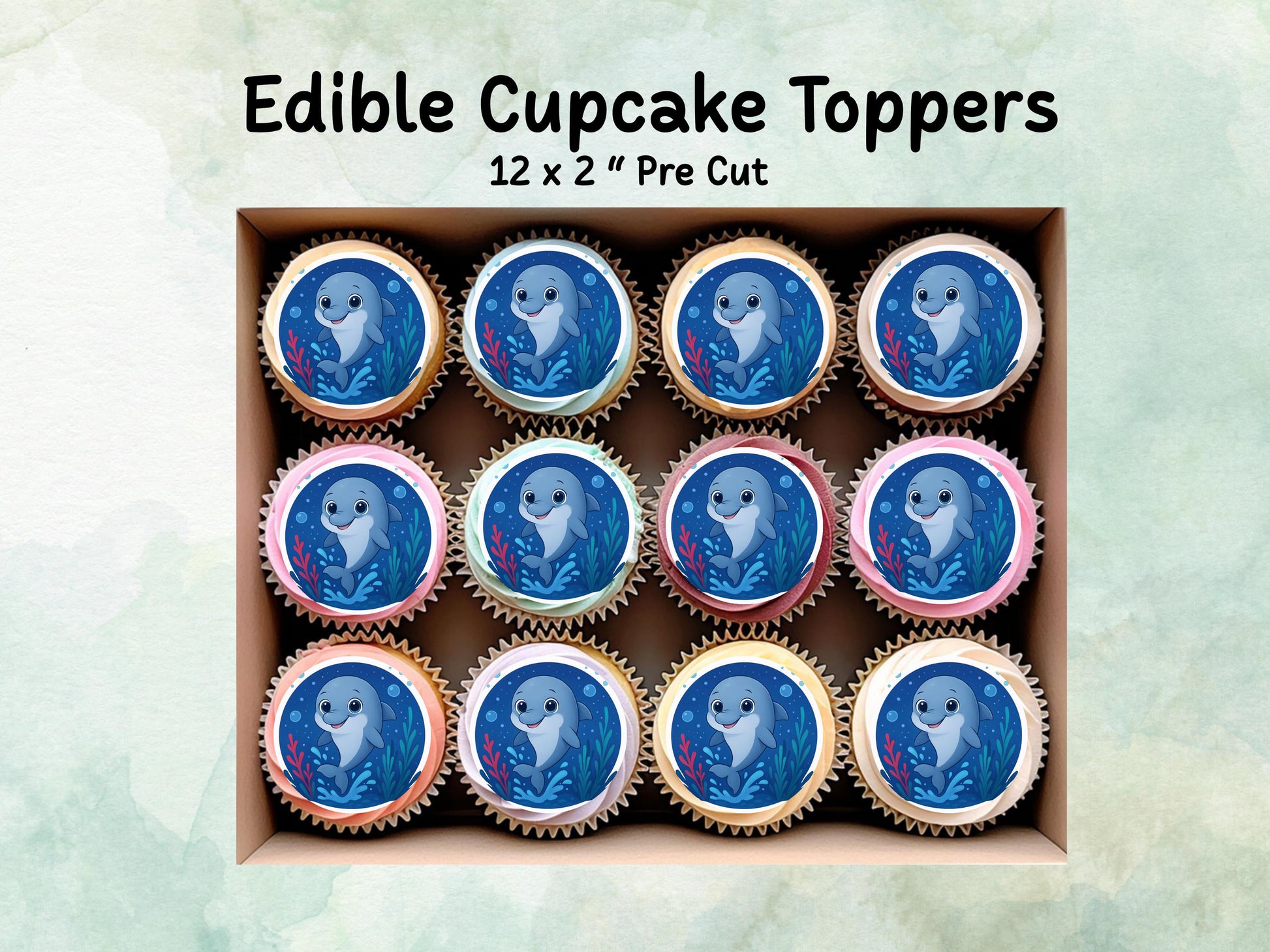 Cute Dolphin Edible Cupcake Toppers 12 x 2"– Pre cut Wafer Paper, Card or Icing Sheet, Under-The-Sea Cake Decoration, Dolphin Cake