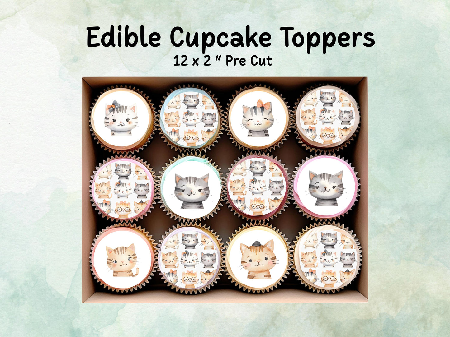 Cute Kitten Edible Cupcake Toppers 12 x 2"– Pre cut Wafer Paper, Card or Icing Sheet, Cat Birthday Cake Decoration