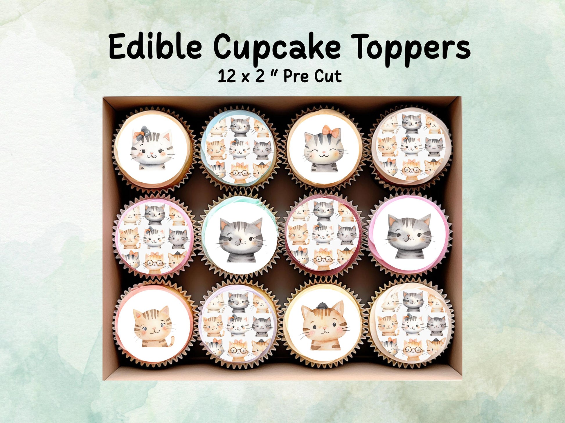 Cute Kitten Edible Cupcake Toppers 12 x 2"– Pre cut Wafer Paper, Card or Icing Sheet, Cat Birthday Cake Decoration