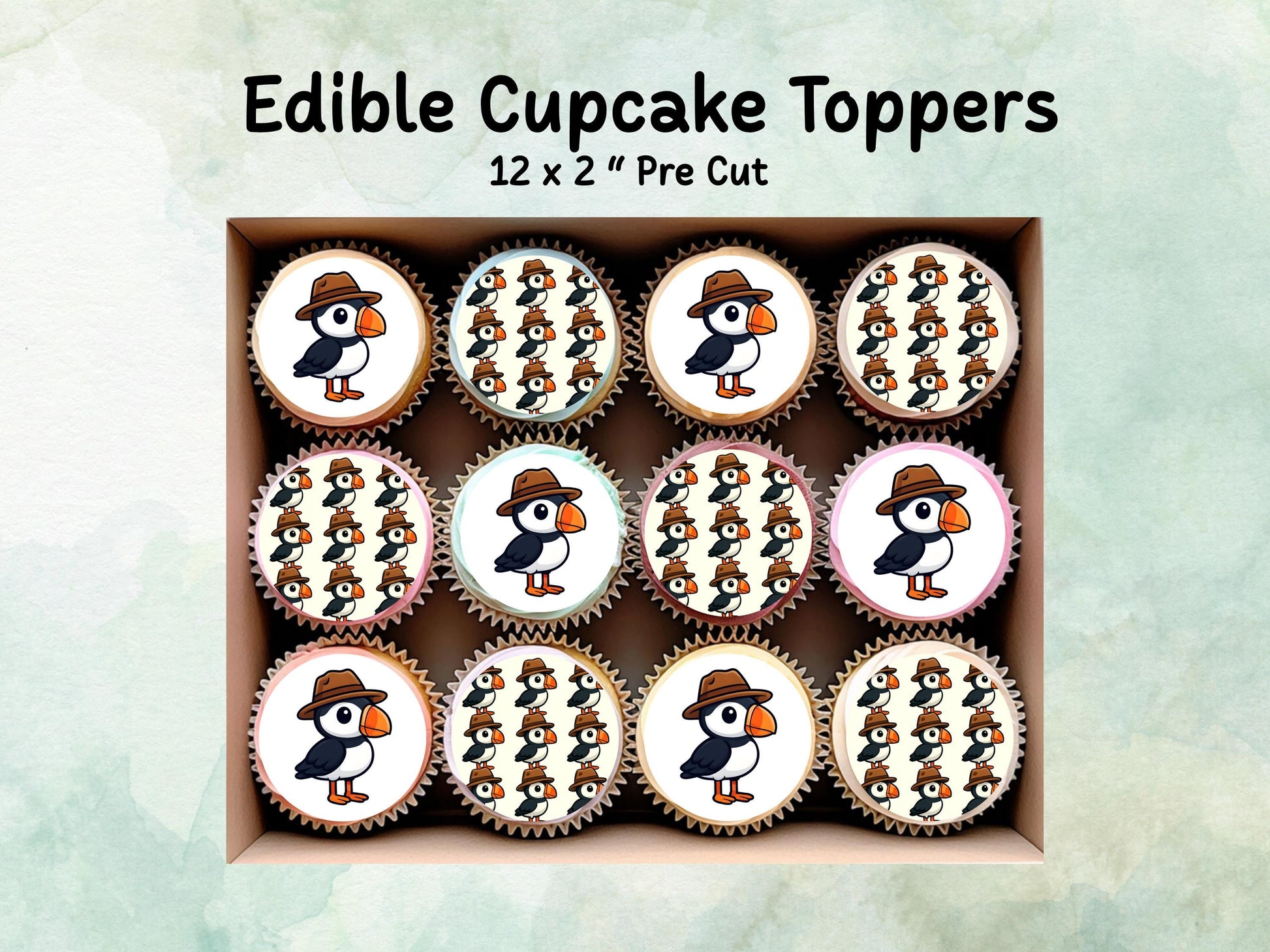 Puffin Edible Cupcake Toppers 12 x 2"– Pre cut Wafer Paper, Card or Icing Sheet, Birthday, Cupcakes, Cookies, Cake, Puffin Decoration