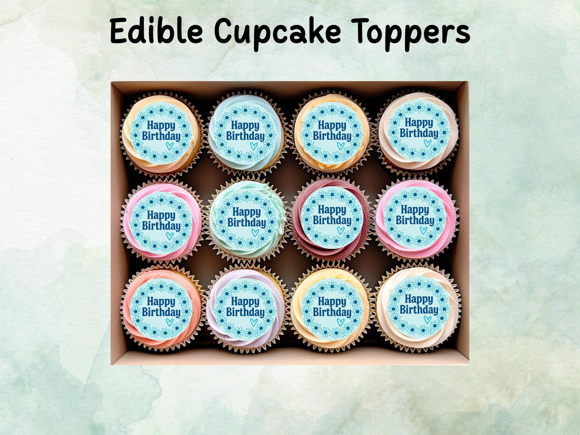 Happy Birthday Edible Cupcake Toppers 12 x 2"– Pre cut Wafer Paper, Card or Icing Sheet, Blue Floral Circle Cupcake Decoration