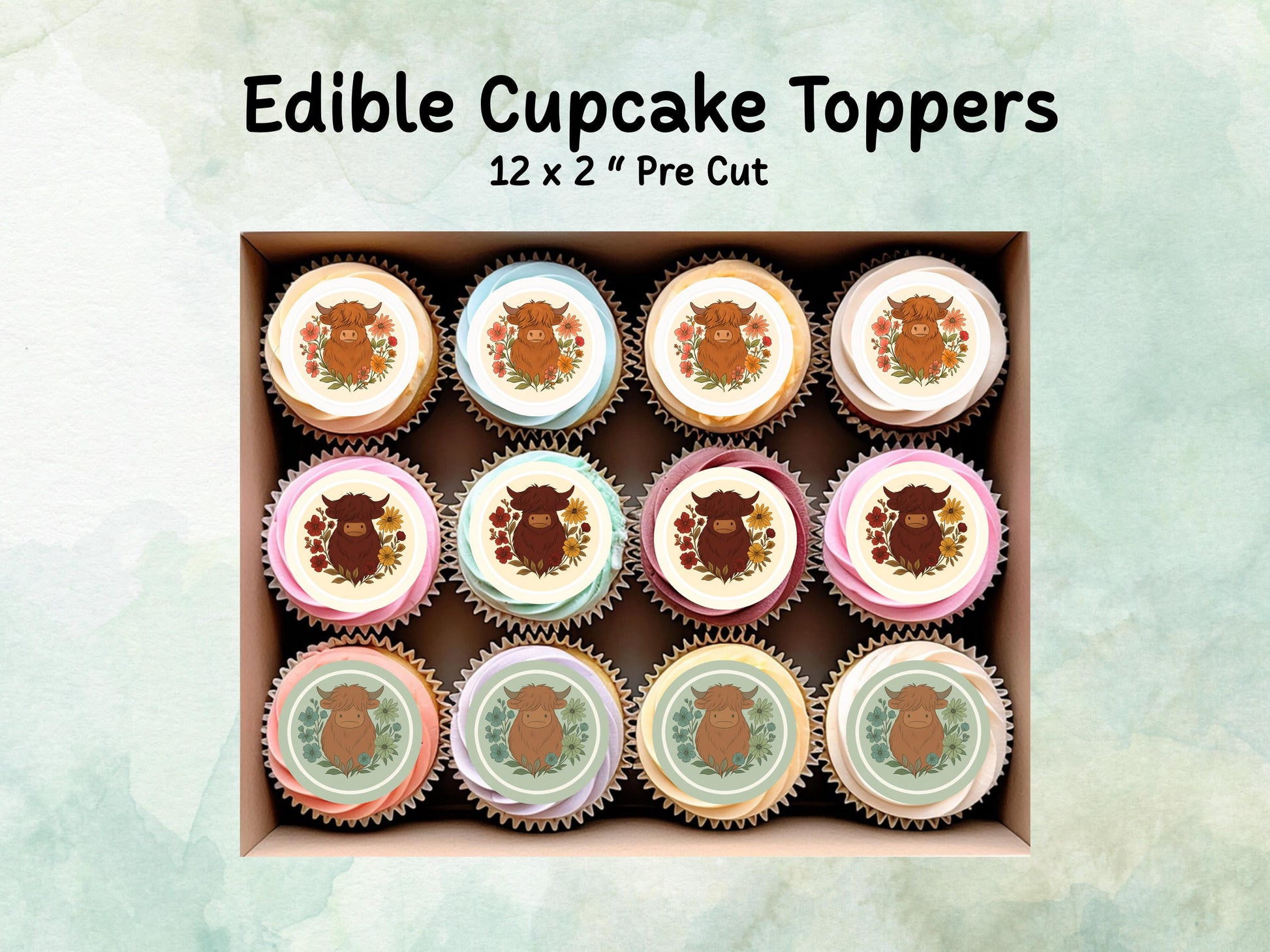 Highland Cow Edible Cupcake Toppers 12 x 2"– Pre cut Wafer Paper, Card or Icing Sheet, Cow Cake Decoration