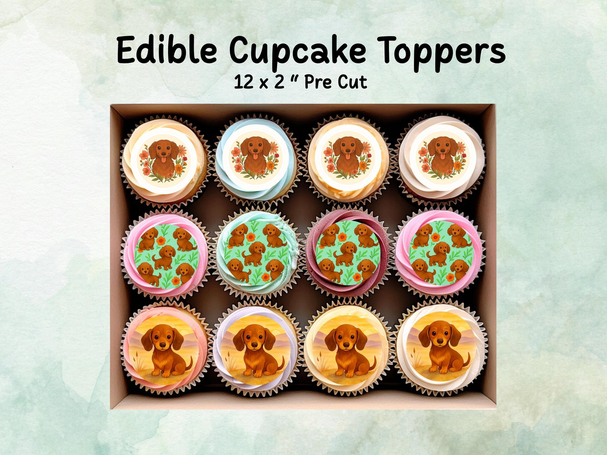 Cute Sausage Dog Edible Cupcake Toppers 12 x 2" – Pre cut Wafer Paper, Card or Icing Sheet, Dachshund Cake Decoration