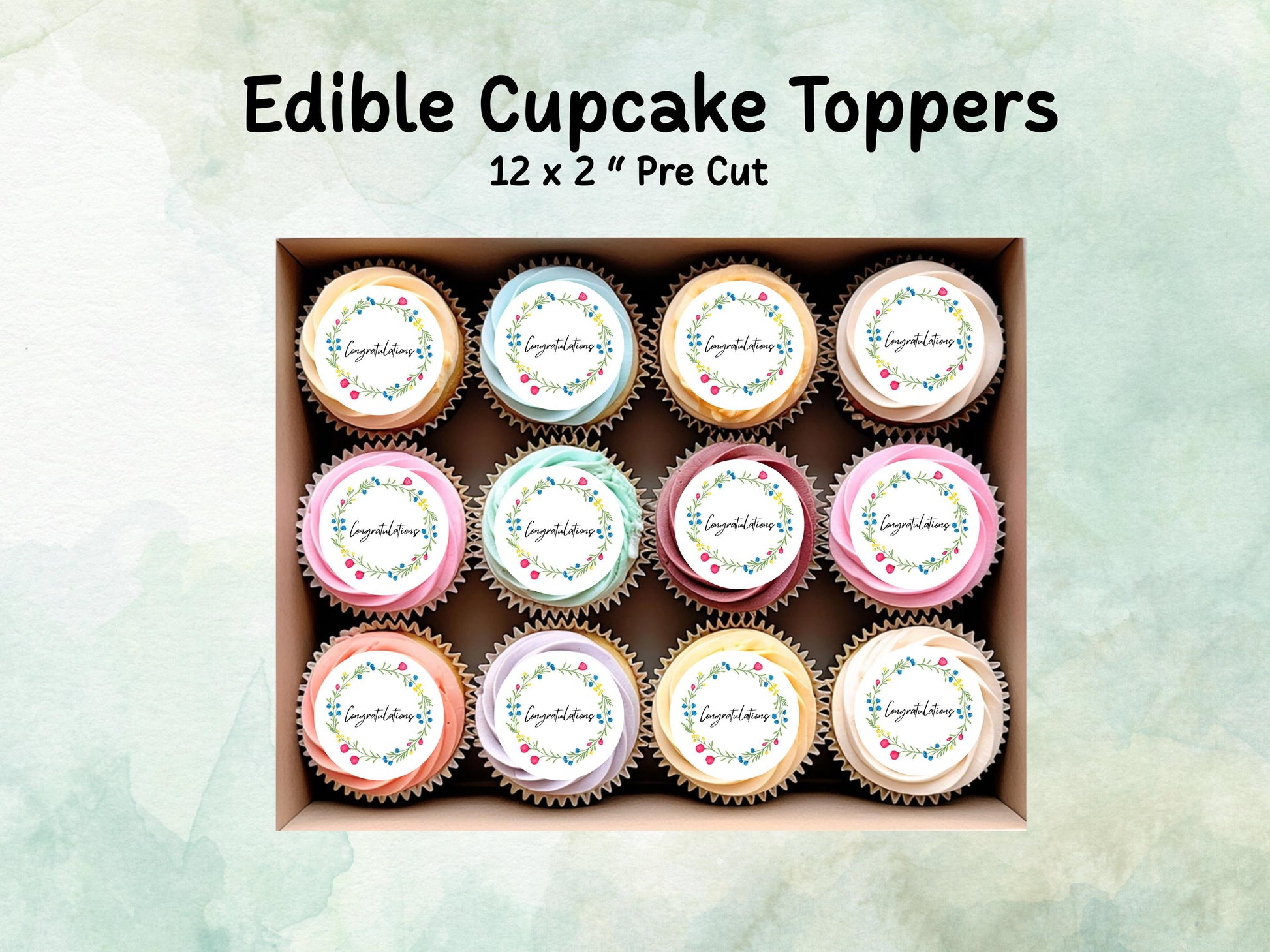 Congratulations Edible Cupcake Toppers 12 x 2" – Pre cut Wafer Paper, Card or Icing Sheet, Engagement Cake Topper, Well Done Cake Topper