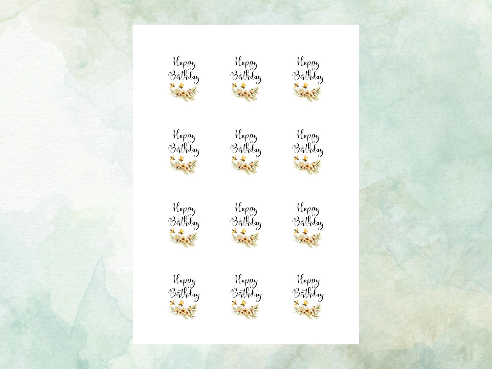 Happy Birthday Edible Cupcake Toppers 12 x 2"– Pre cut Wafer Paper, Card or Icing Sheet, Floral Birthday Cake Toppers