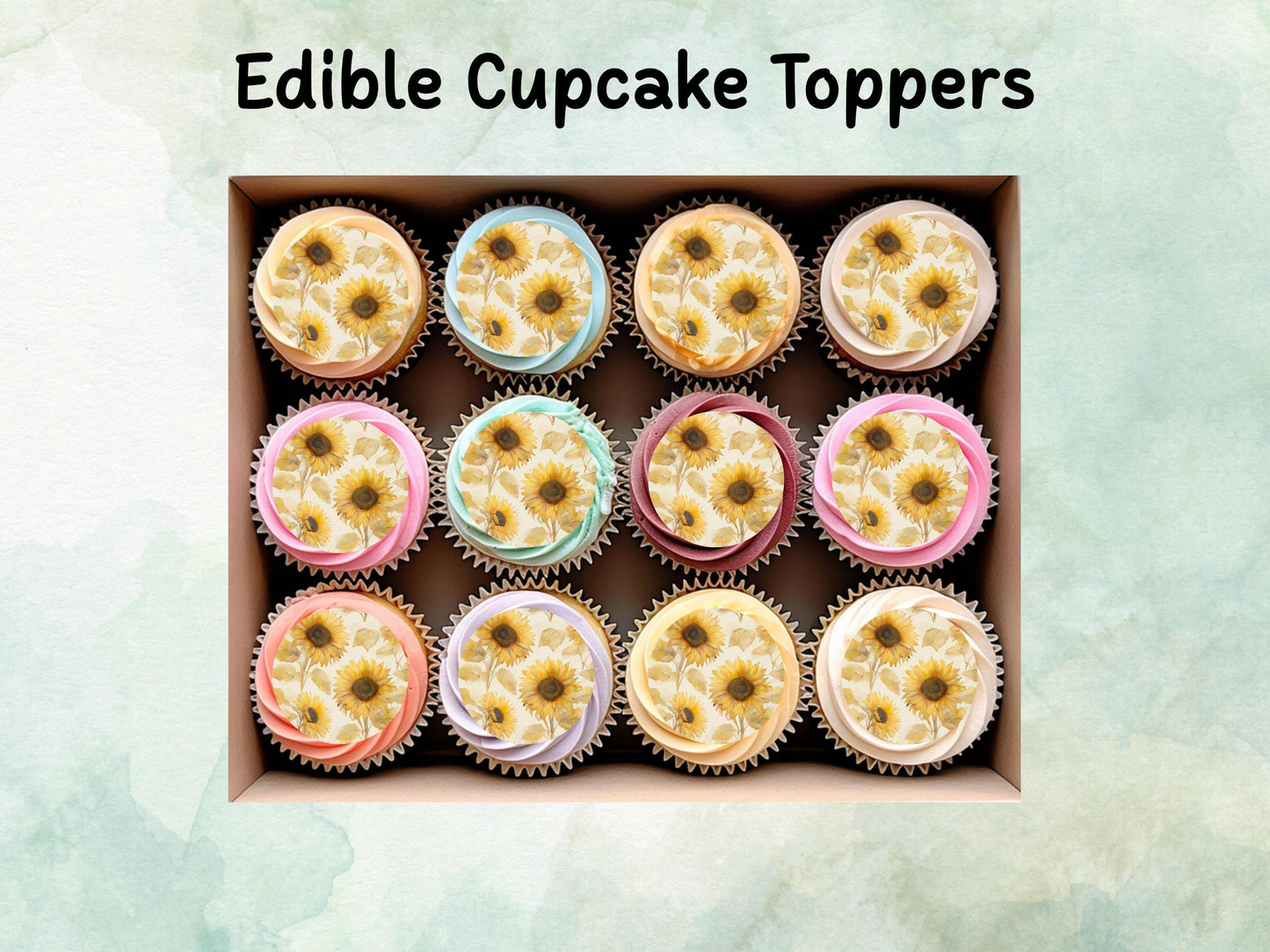 Sunflower Floral Edible Cupcake Toppers 12 x 2" – Pre cut Wafer Paper, Card or Icing Sheet, Watercolor Yellow Flower Cake Decoration