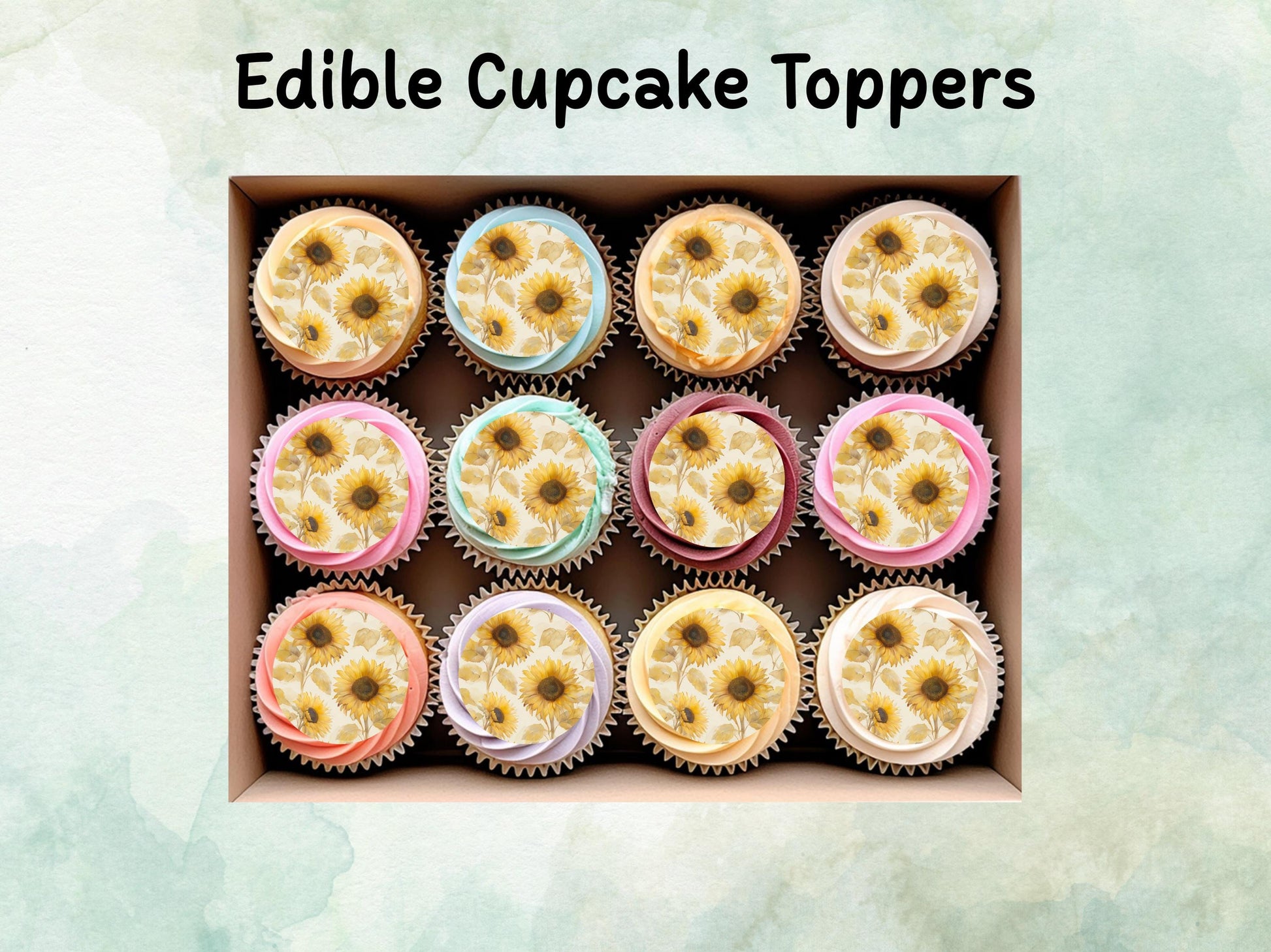 Sunflower Floral Edible Cupcake Toppers 12 x 2" – Pre cut Wafer Paper, Card or Icing Sheet, Watercolor Yellow Flower Cake Decoration