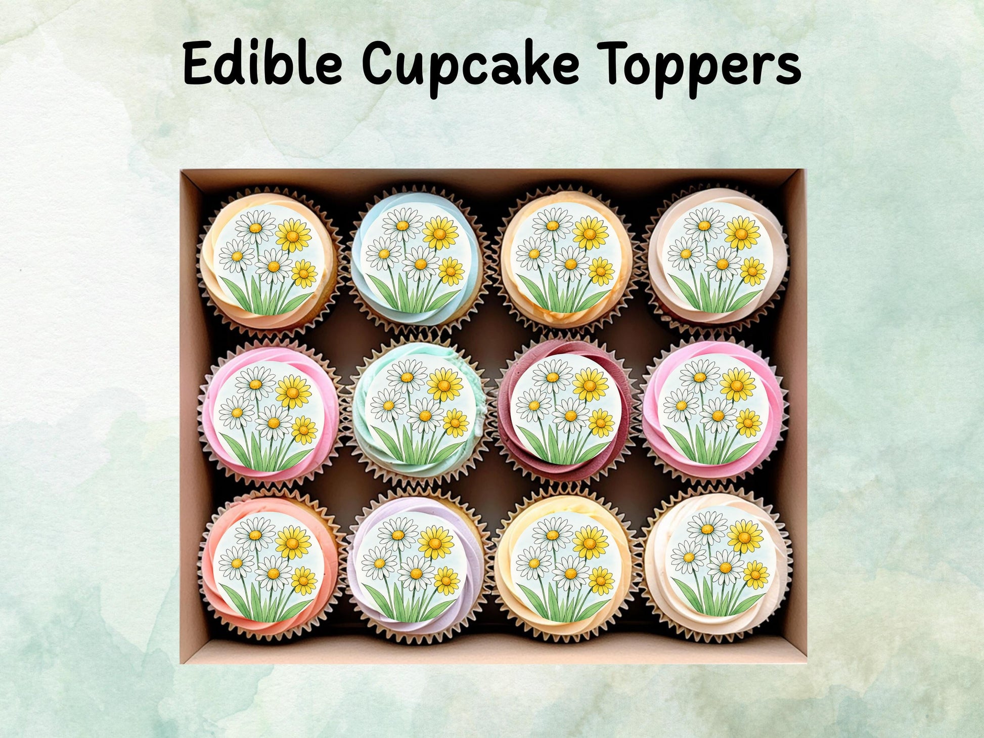 Daisy Floral Edible Cupcake Toppers 12 x 2" – Pre cut Wafer Paper, Card or Icing Sheet, Watercolor Flower Cake and Cookie Decoration