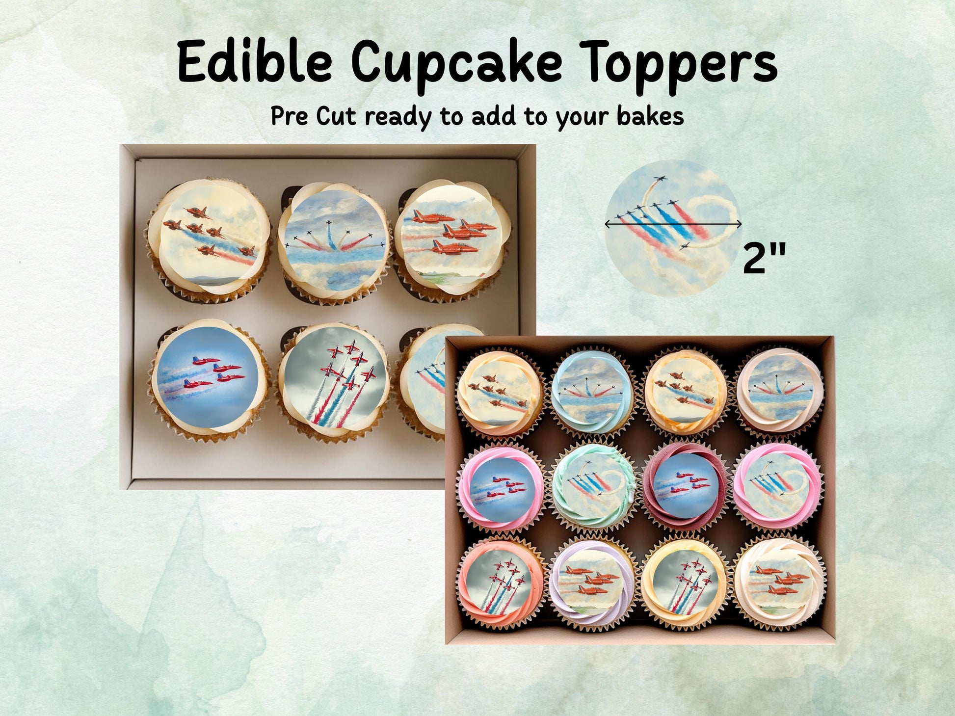 Jet Edible Cupcake Toppers 12 x 2"– Pre cut Wafer Paper, Card or Icing Sheet, Jet Airshow Cake and Cookie Decorations