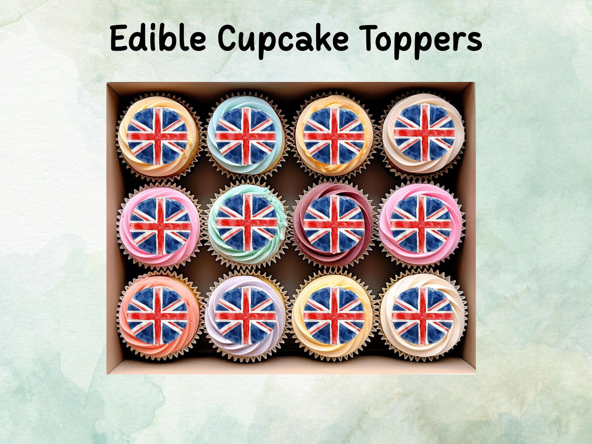 Union Jack Edible Cupcake Toppers 12 x 2" – Pre cut Wafer Paper, Card or Icing Sheet, British Flag Cake Decorations
