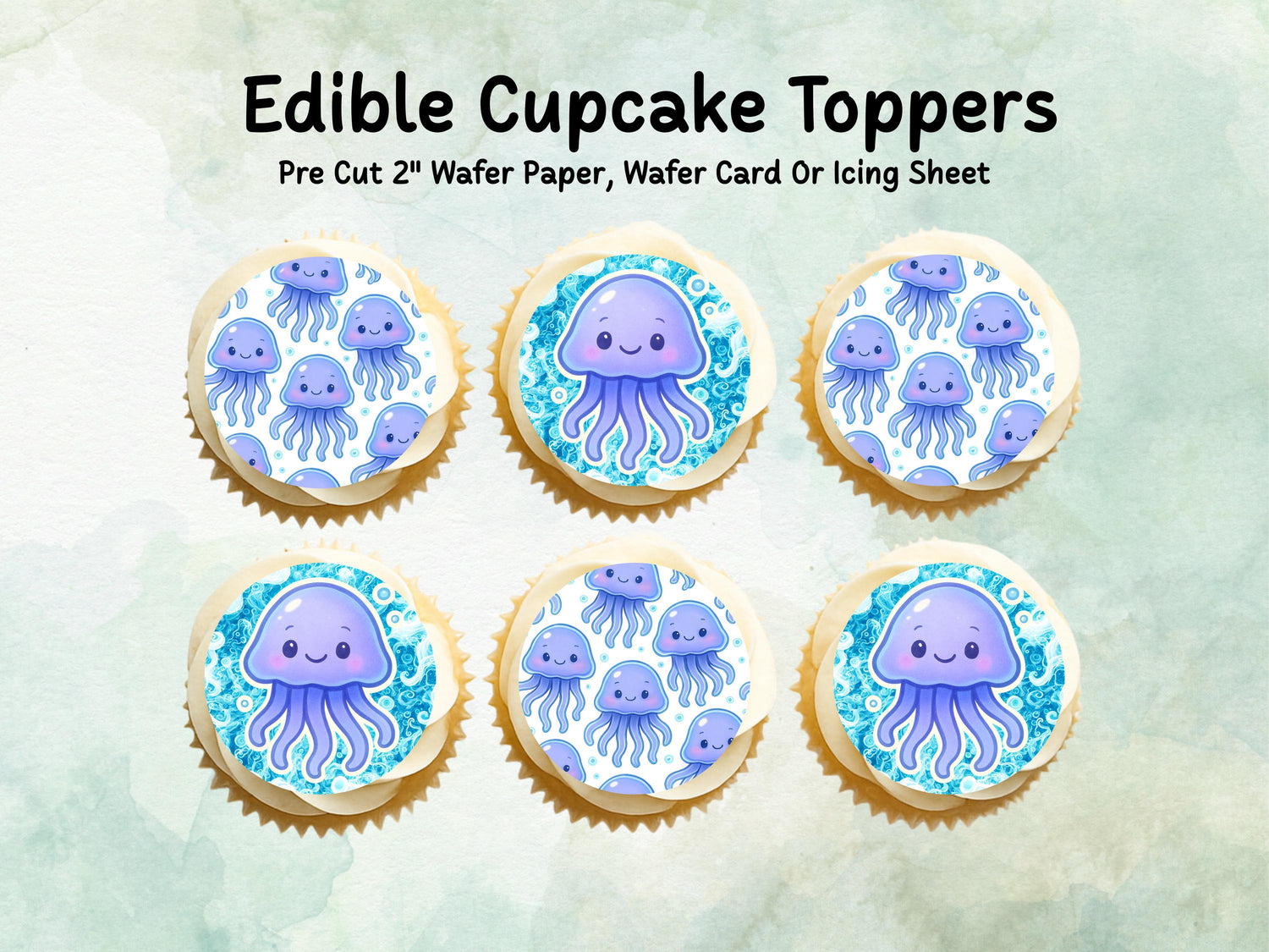 Cute Jellyfish Edible Cupcake Toppers 12 x 2"– Pre cut Wafer Paper, Card or Icing Sheet, Under the Sea Jellyfish Birthday Cake Topper