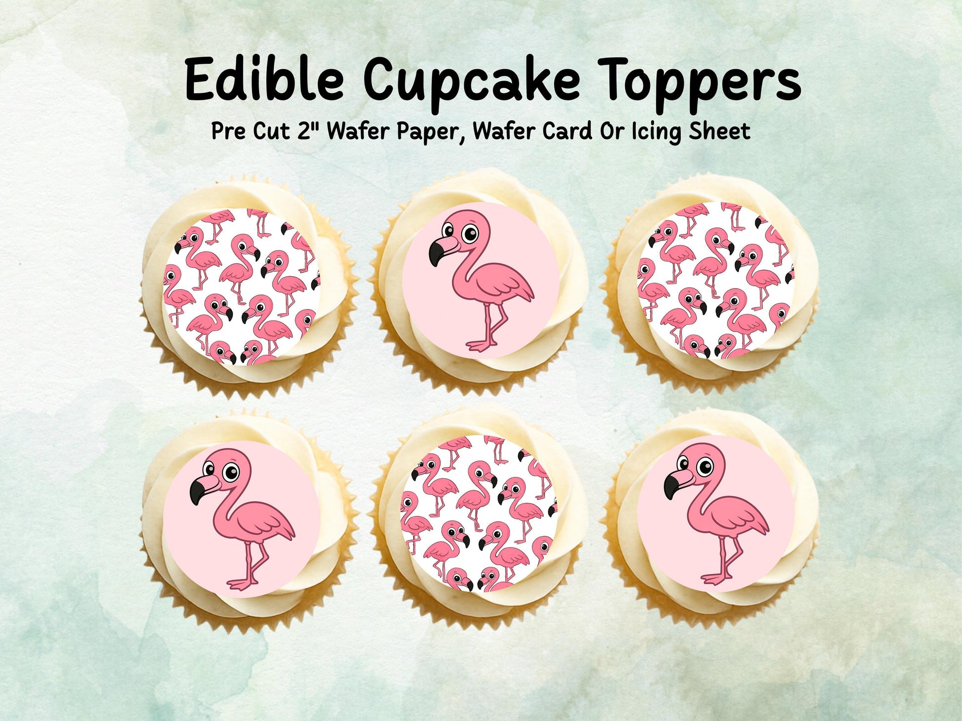 Cute Flamingo Edible Cupcake Toppers 12 x 2"– Pre cut Wafer Paper, Card or Icing Sheet, Flamingo Birthday Cake Topper