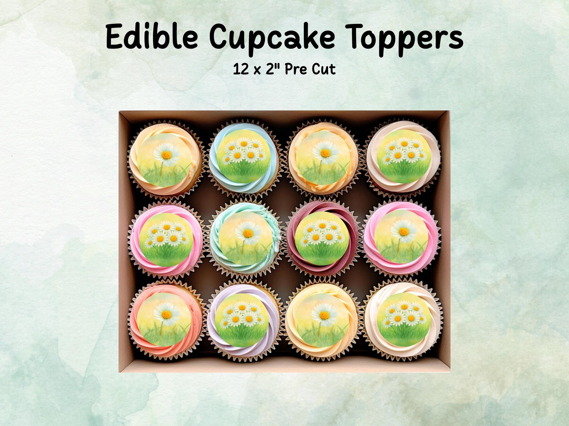 April Birth Flower Edible Cupcake Toppers – 12 x 2" Daisy Design, Pre cut Wafer Paper, Card or Icing Sheet, Birth Month Floral Cake Topper