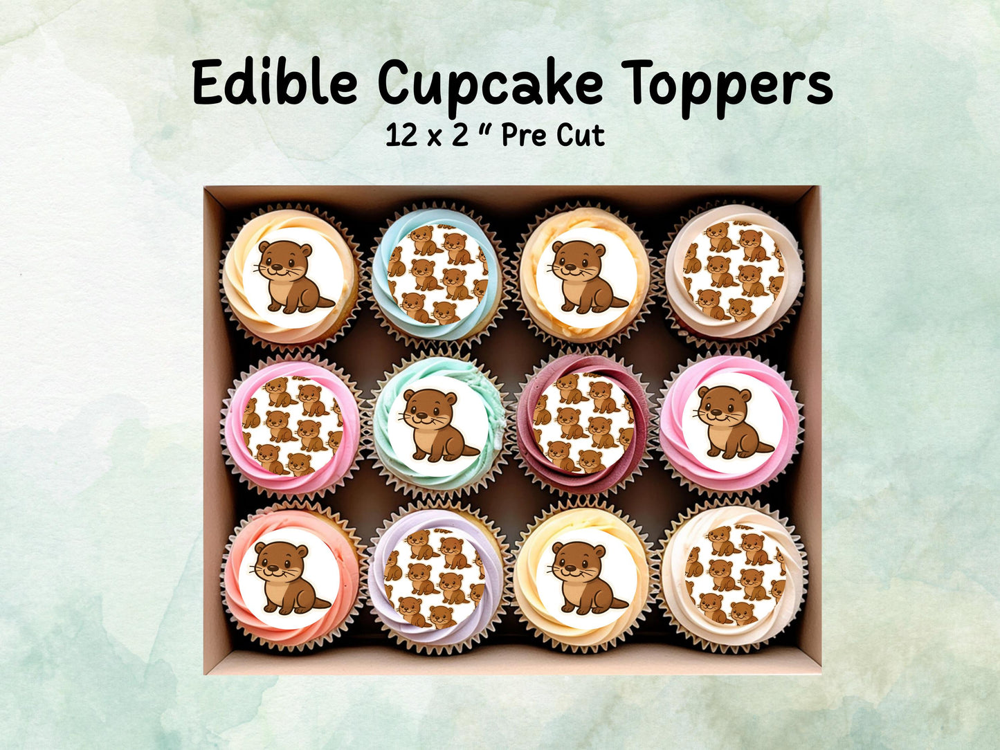 Cute Otter Edible Cupcake Toppers 12 x 2"– Pre cut Wafer Paper, Card or Icing Sheet, Otter Birthday Cake Topper, Kids Birthday Cake