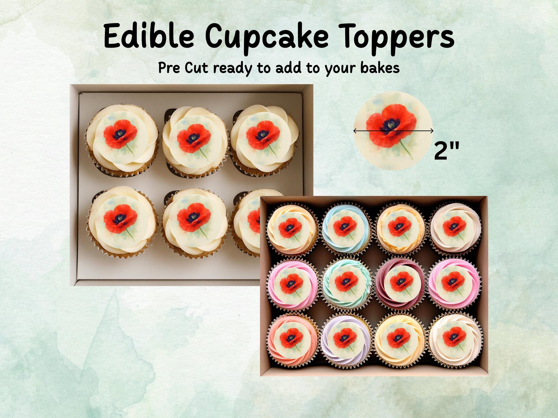 Red Poppy Edible Cupcake Toppers 12 x 2" – Pre cut Wafer Paper, Card or Icing Sheet, Remembrance Day Edible Cake Decorations