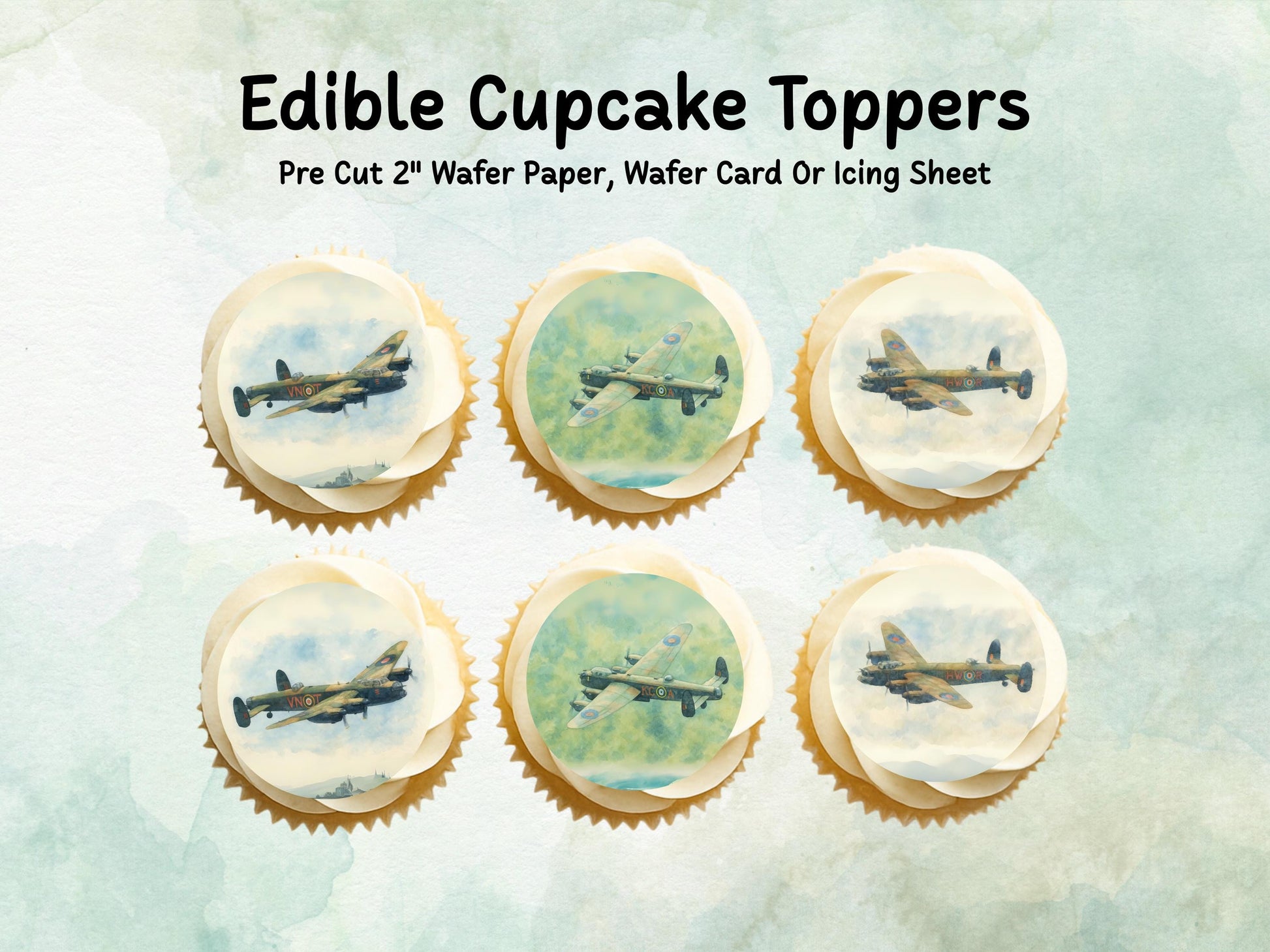 Lancaster Aeroplane Edible Cupcake Toppers 12 x 2"– Pre cut Wafer Paper, Card or Icing Sheet, Aviation Airplane Cake decorations