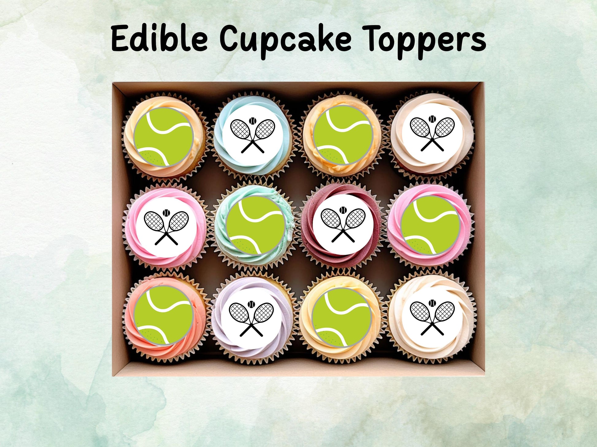 Tennis Edible Cupcake Toppers 12 x 2" – Pre cut Wafer Paper, Card or Icing Sheet, Sports Party Decoration, Cake images