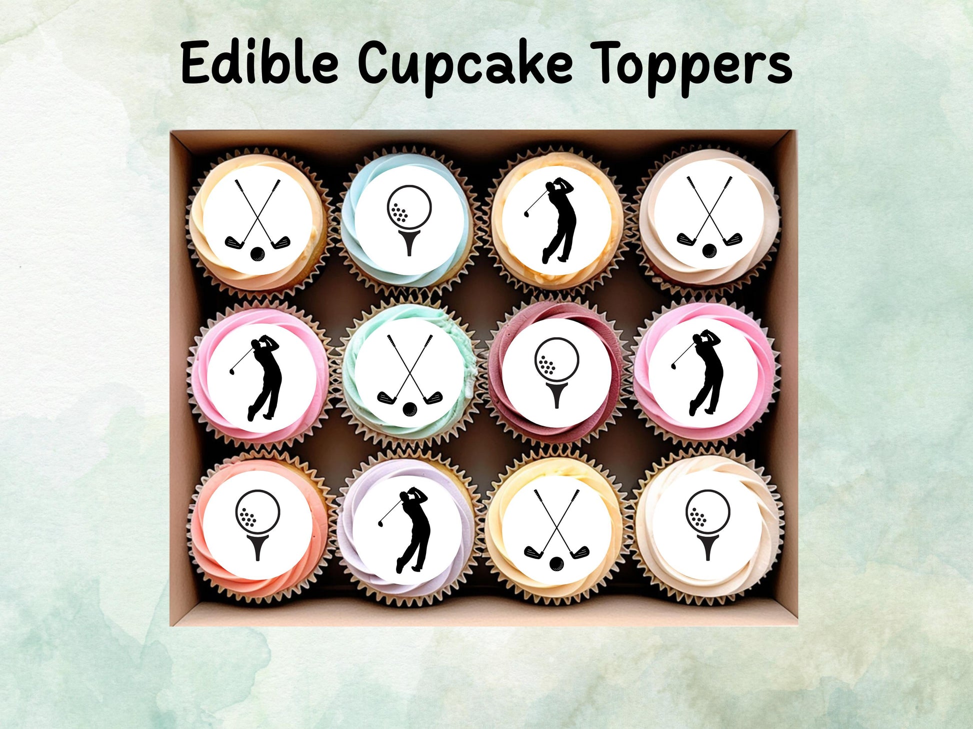 Golf Edible Cupcake Toppers 12 x 2" – Pre cut Wafer Paper, Card or Icing Sheet, Sports Party Decoration, Cake images