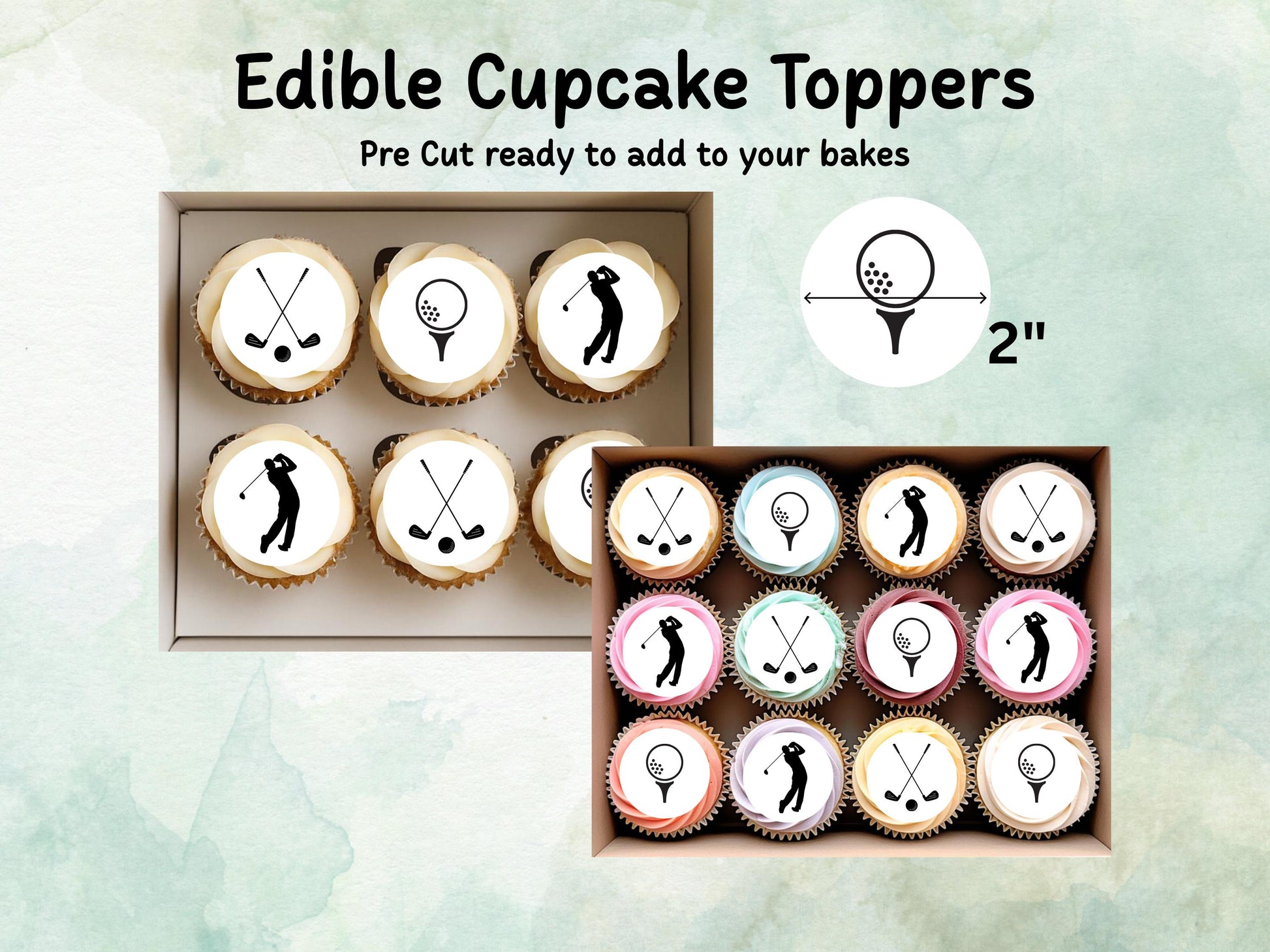 Golf Edible Cupcake Toppers 12 x 2" – Pre cut Wafer Paper, Card or Icing Sheet, Sports Party Decoration, Cake images