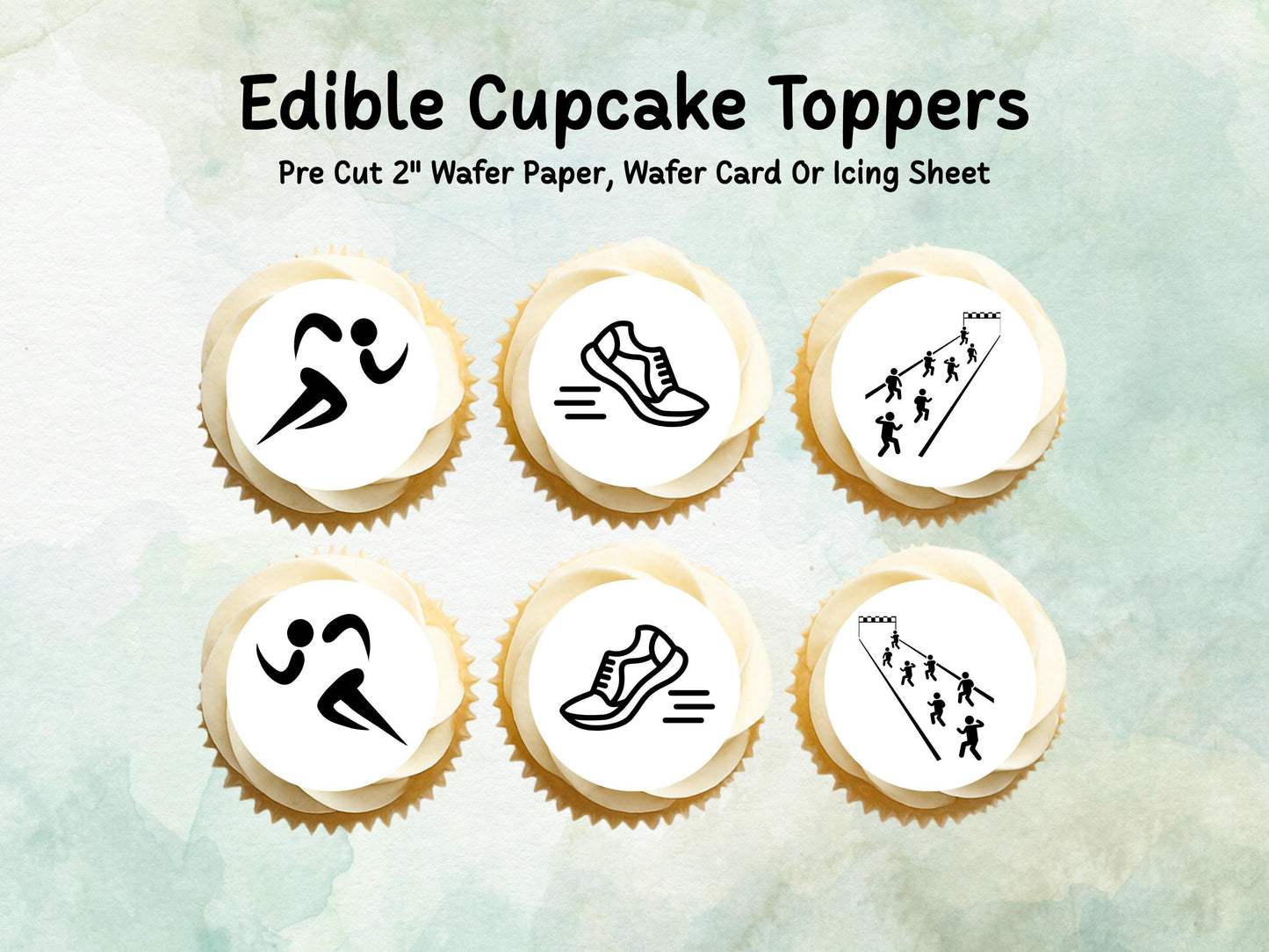 Running Edible Cupcake Toppers 12 x 2" – Pre cut Wafer Paper, Card or Icing Sheet, Marathon Party Decorations, Race Day Cake Image