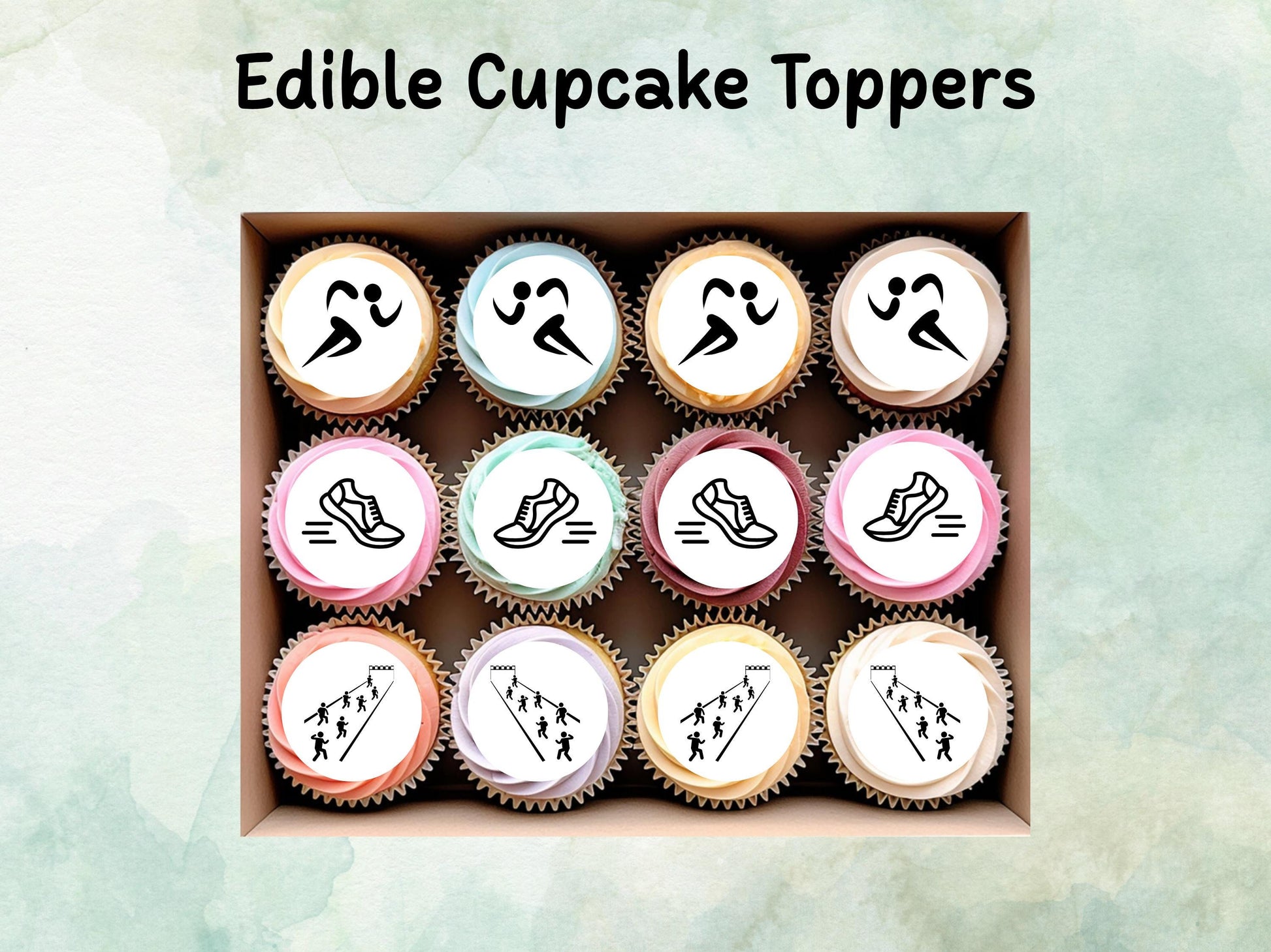 Running Edible Cupcake Toppers 12 x 2" – Pre cut Wafer Paper, Card or Icing Sheet, Marathon Party Decorations, Race Day Cake Image