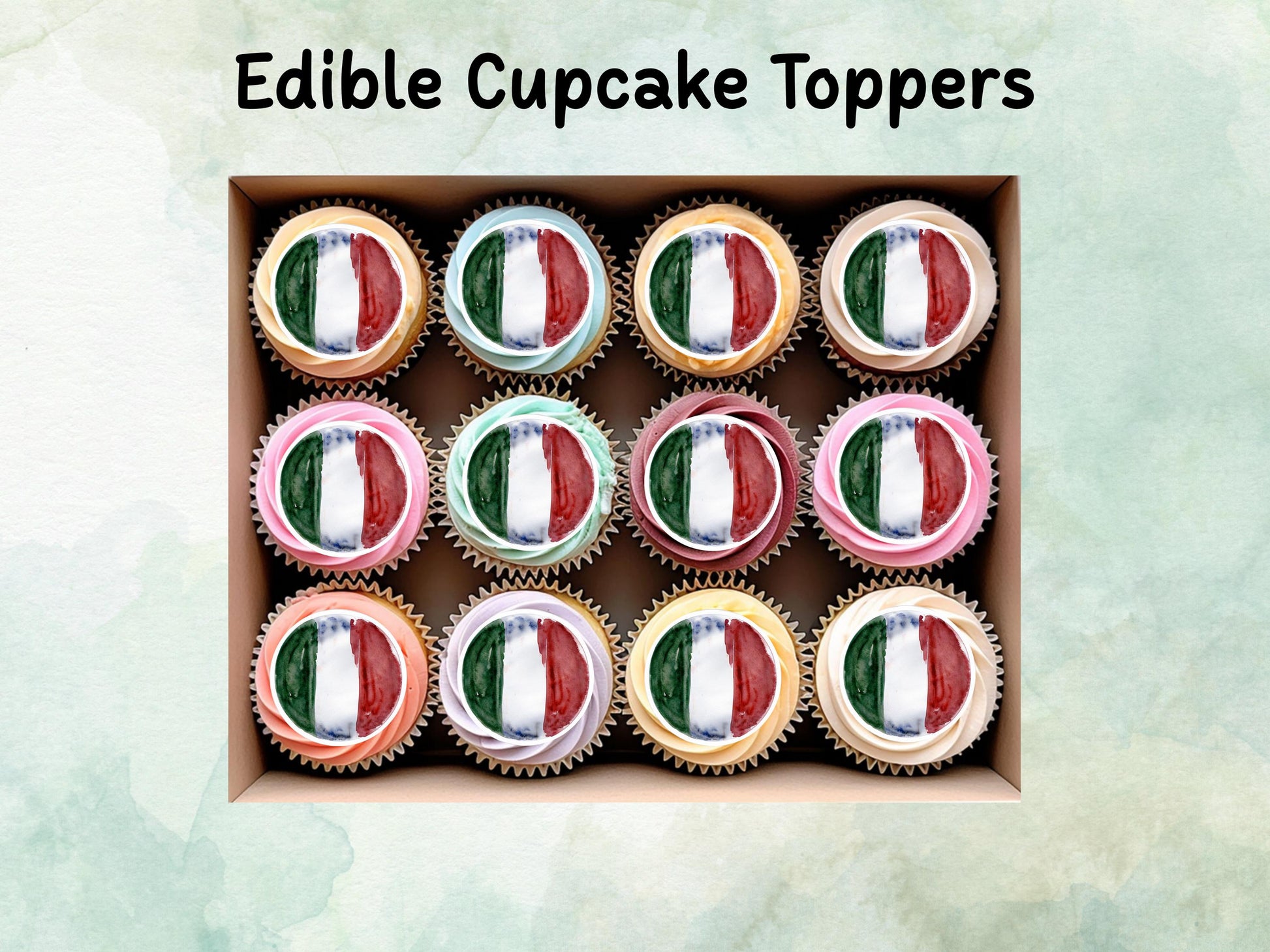 Italian Flag Edible Cupcake Toppers 12 x 2" – Pre cut Wafer Paper, Card or Icing Sheet, Italy Cake Decorations