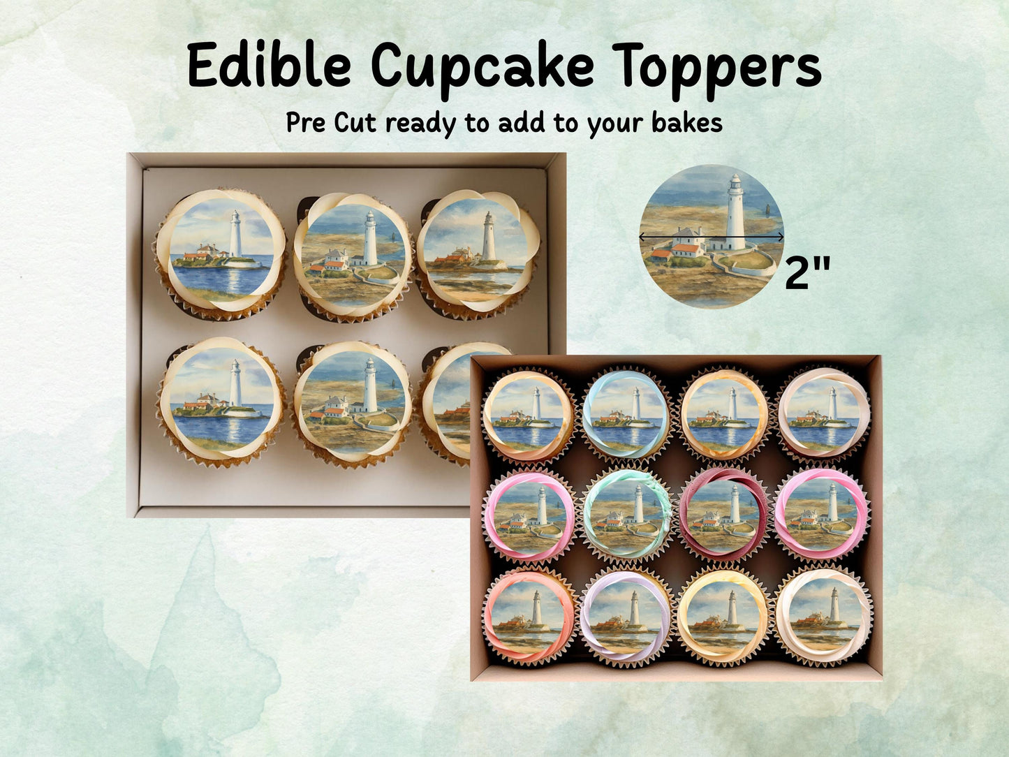 Lighthouse Edible Cupcake Toppers 12 x 2" – Pre cut Wafer Paper, Card or Icing Sheet, Coastal Cake Decorations, Seaside Celebration Favors