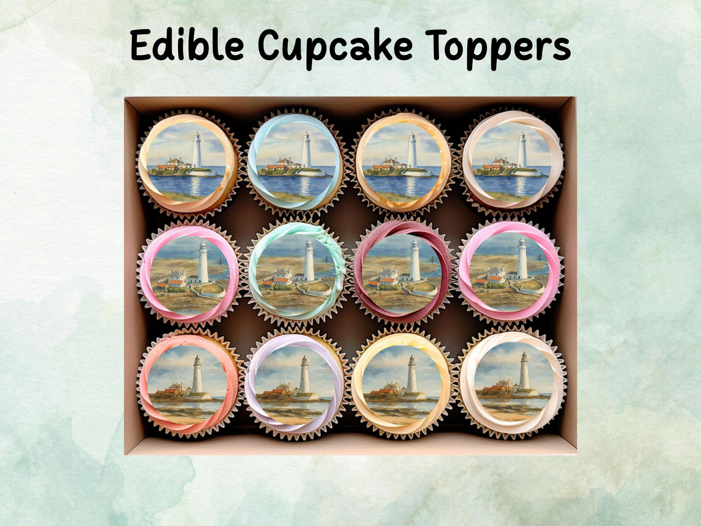 Lighthouse Edible Cupcake Toppers 12 x 2" – Pre cut Wafer Paper, Card or Icing Sheet, Coastal Cake Decorations, Seaside Celebration Favors