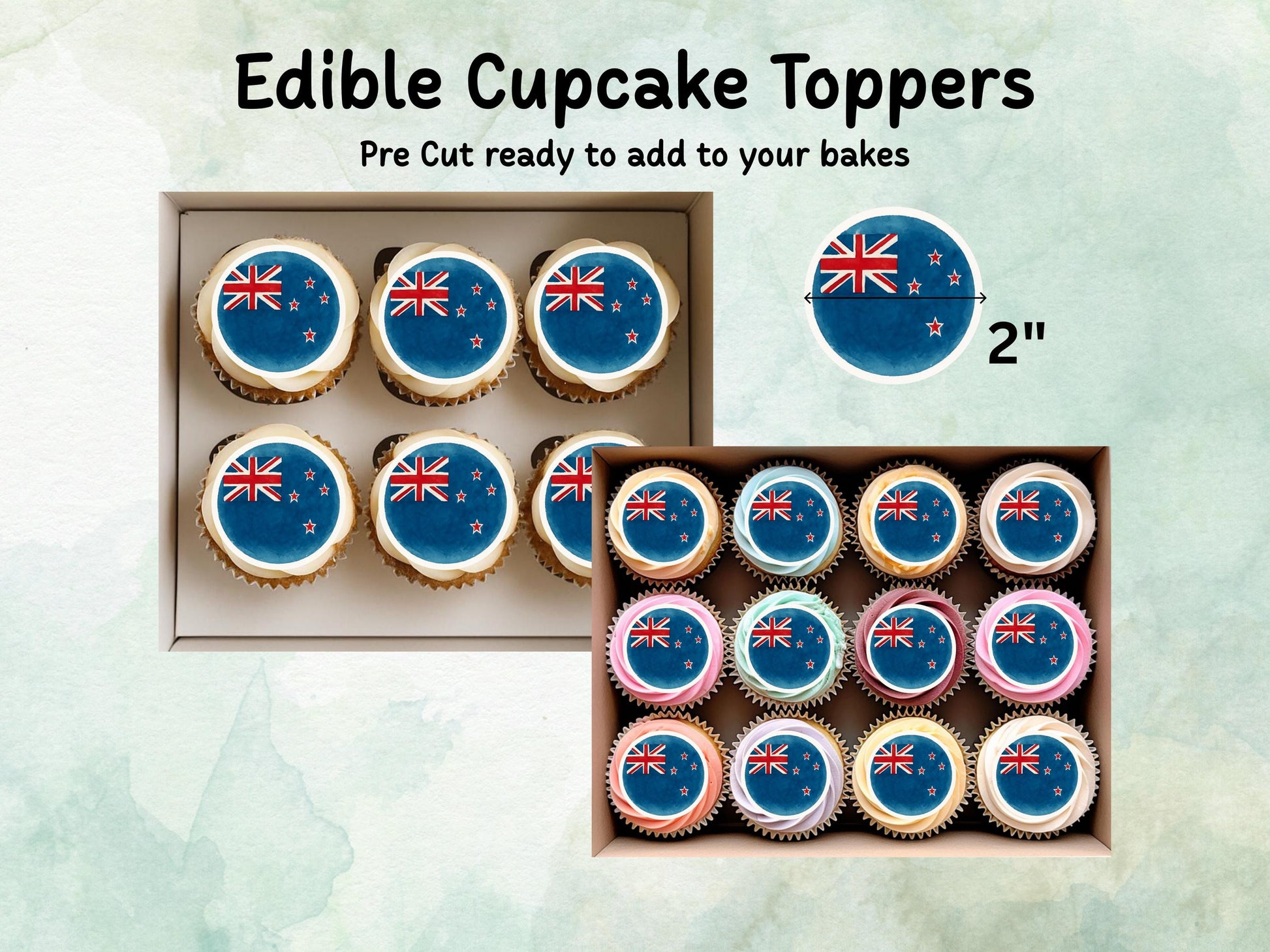 New Zealand Edible Cupcake Toppers 12 x 2" – Pre cut Wafer Paper, Card or Icing Sheet, New Zealand Cake Decorations