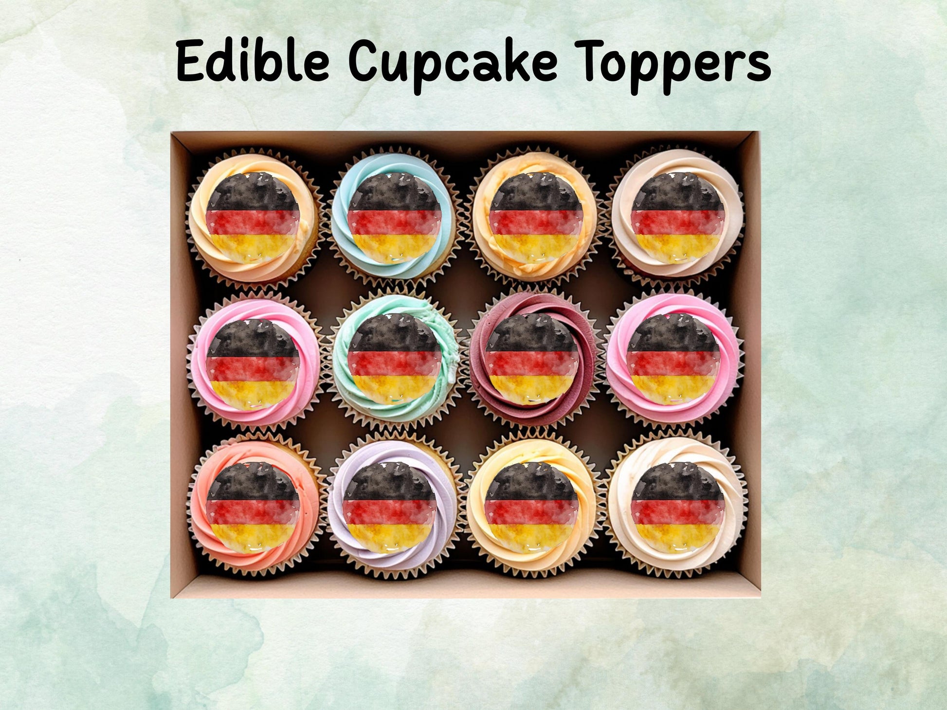 German Flag Edible Cupcake Toppers 12 x 2" – Pre cut Wafer Paper, Card or Icing Sheet, Germany Cake Decorations