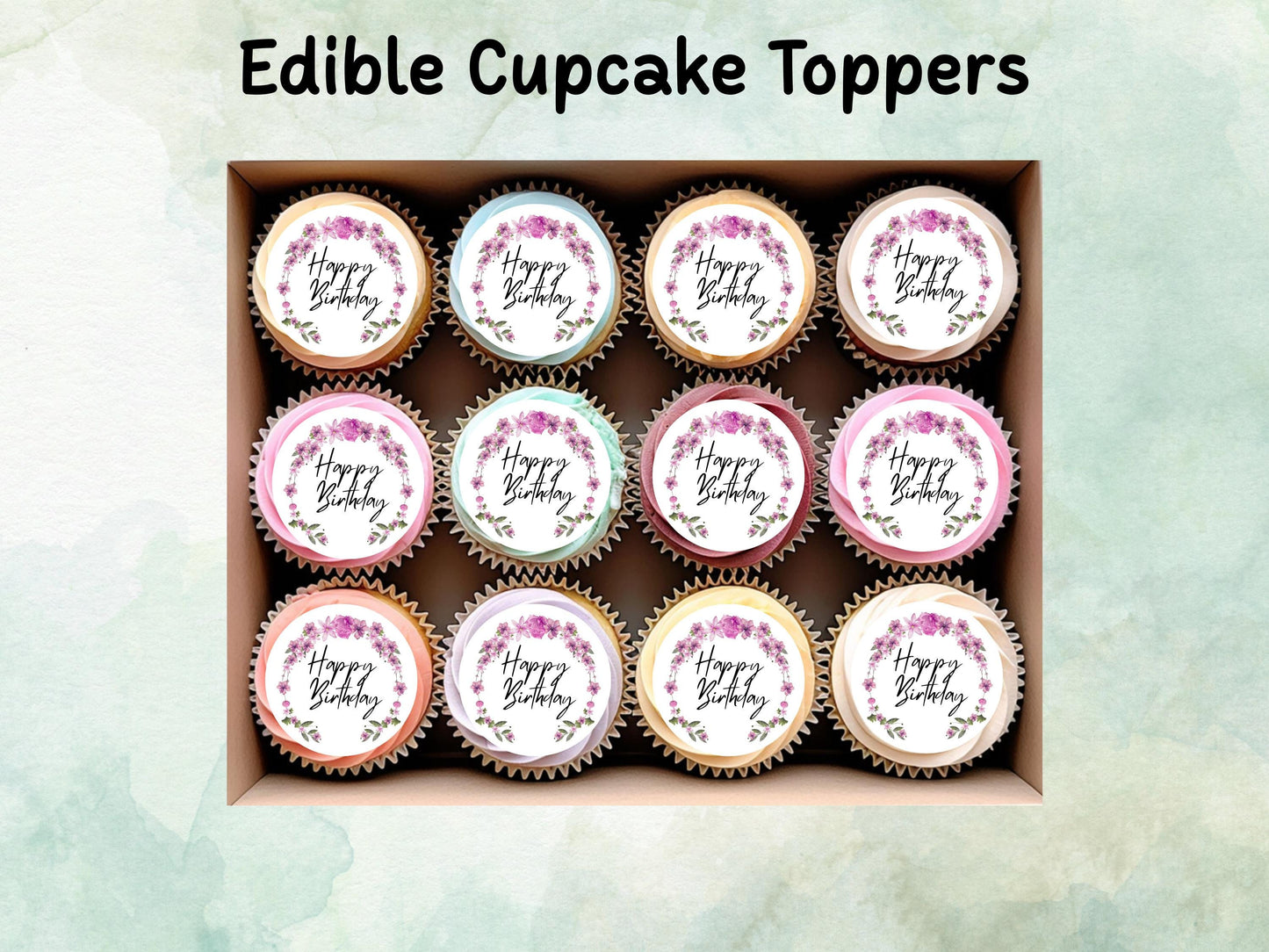 Happy Birthday Edible Cupcake Toppers 12 x 2"– Pre cut Wafer Paper, Card or Icing Sheet, Floral Birthday Cake Toppers