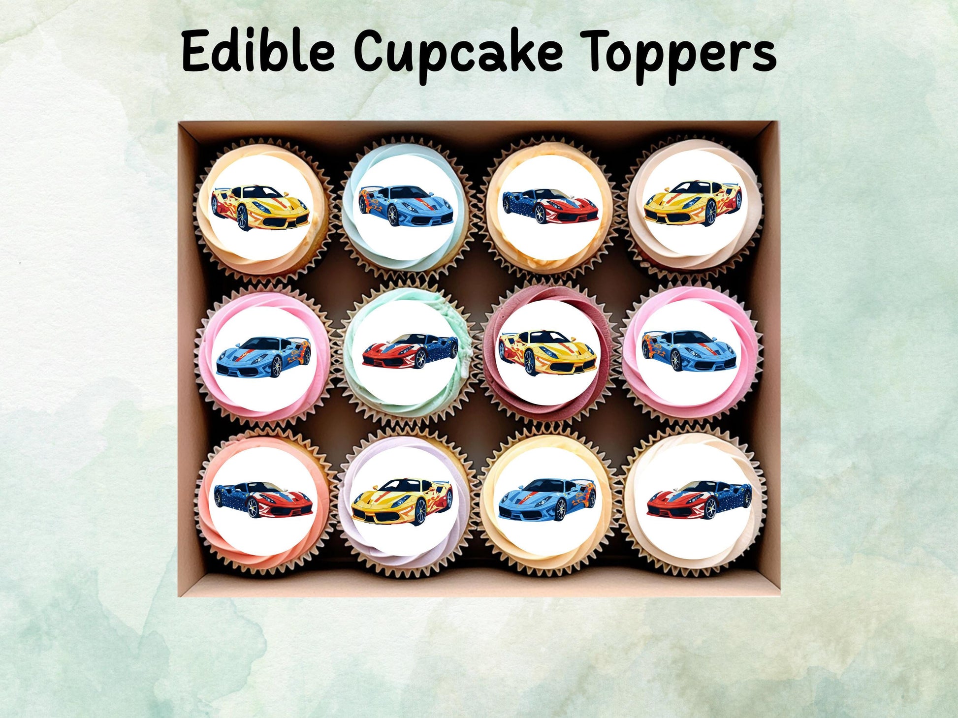 Sports Car Edible Cupcake Toppers 12 x 2" – Pre cut Wafer Paper, Card or Icing Sheet, Cupcakes, Cookies, Cake, Birthday, Cars