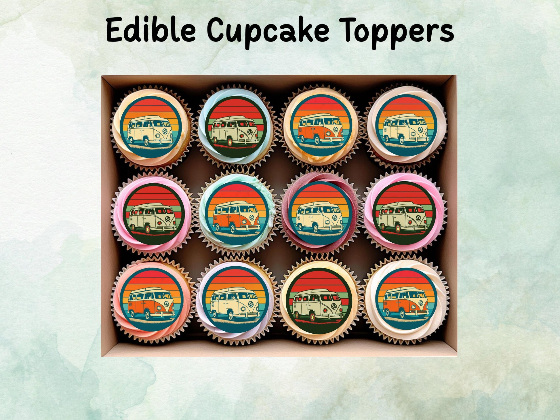 Campervan Edible Cupcake Toppers 12 x 2"– Pre cut Wafer Paper, Card or Icing Sheet, Campervan Cake Decoration
