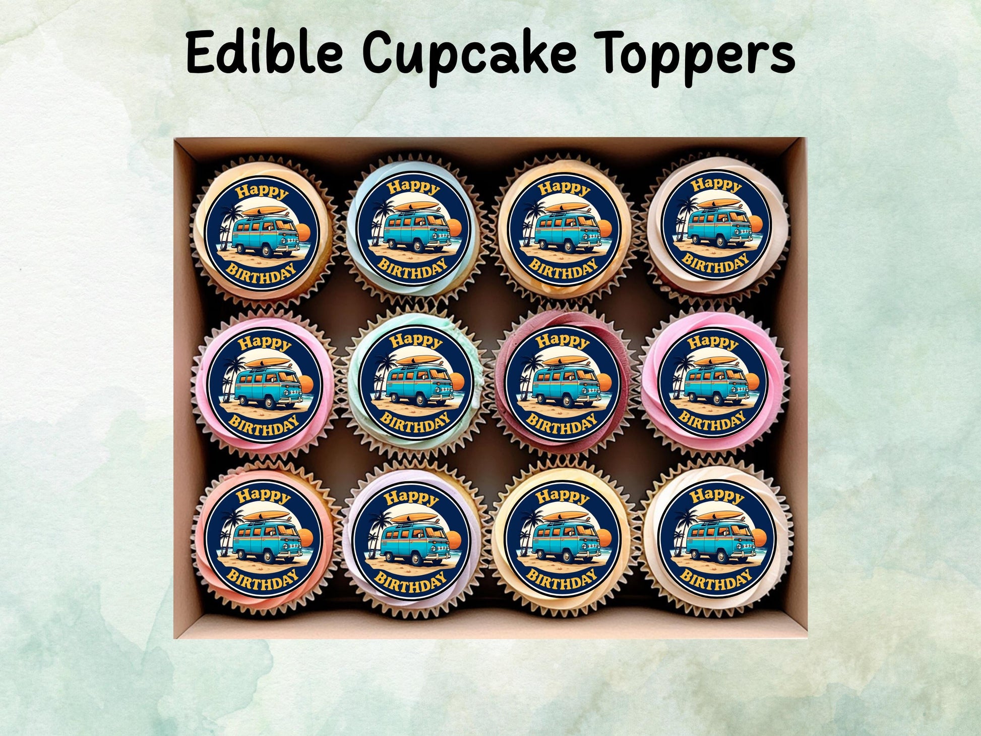 Campervan Edible Cupcake Toppers 12 x 2"– Pre cut Wafer Paper, Card or Icing Sheet, VW Campervan Cake Decoration