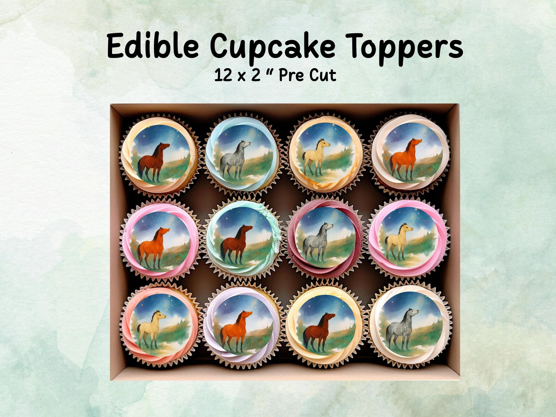 Magical Horse Edible Cupcake Toppers 12 x 2"– Pre cut Wafer Paper, Card or Icing Sheet, Pony Birthday, Cookies, Cake, Horse Decoration