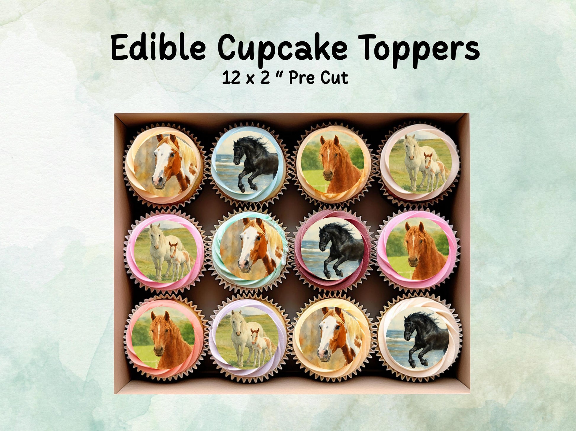 Horse Edible Cupcake Toppers 12 x 2"– Pre cut Wafer Paper, Card or Icing Sheet, Pony Birthday Cake Images, Horse Decoration