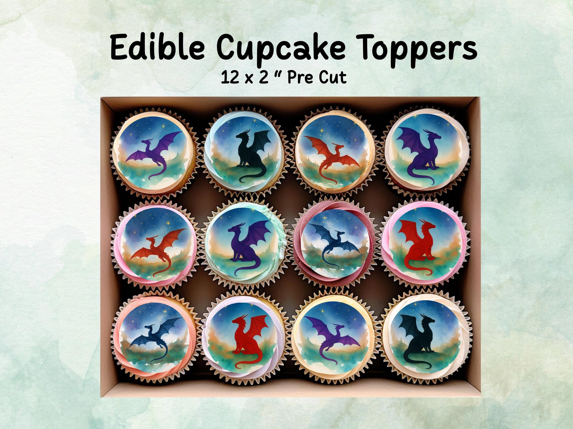 Dragon Edible Cupcake Toppers 12 x 2"– Pre cut Wafer Paper, Card or Icing Sheet, Fantasy Dragon Cake Decoration