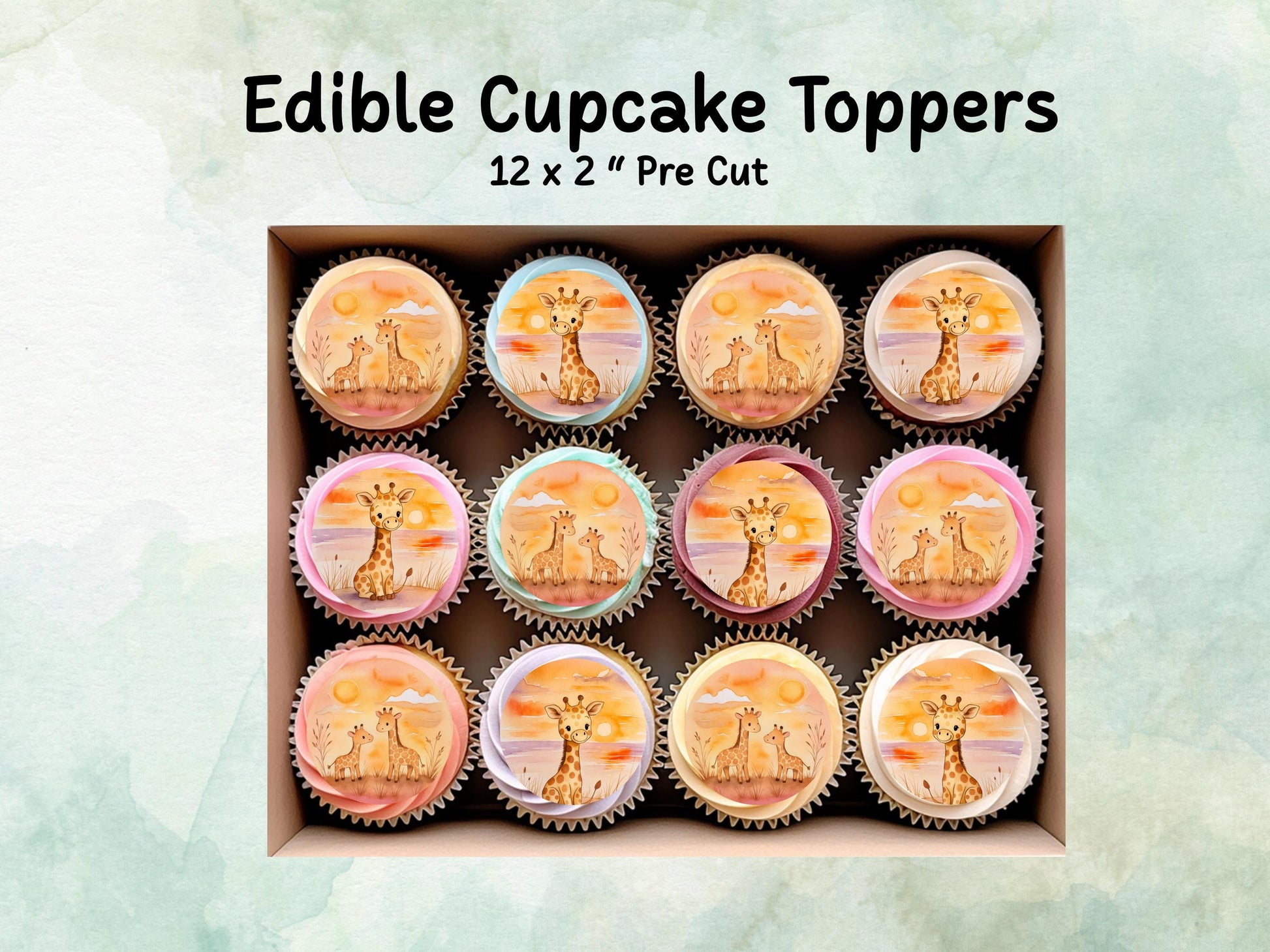 Cute Giraffe Edible Cupcake Toppers 12 x 2"– Pre cut Wafer Paper, Card or Icing Sheet, Giraffe Cake Decoration