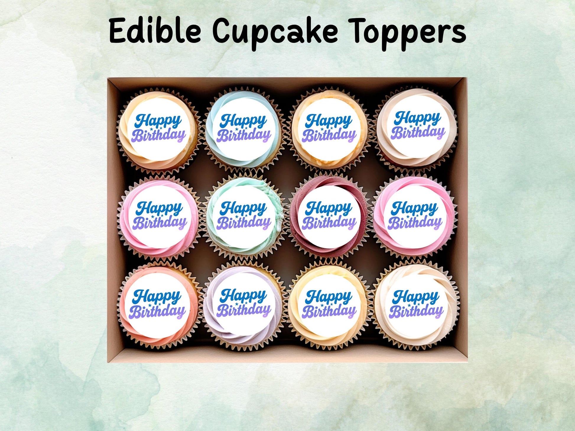 Happy Birthday Edible Cupcake Toppers 12 x 2"– Pre cut Wafer Paper, Card or Icing Sheet, Cupcakes, Cookies, Cake Decoration