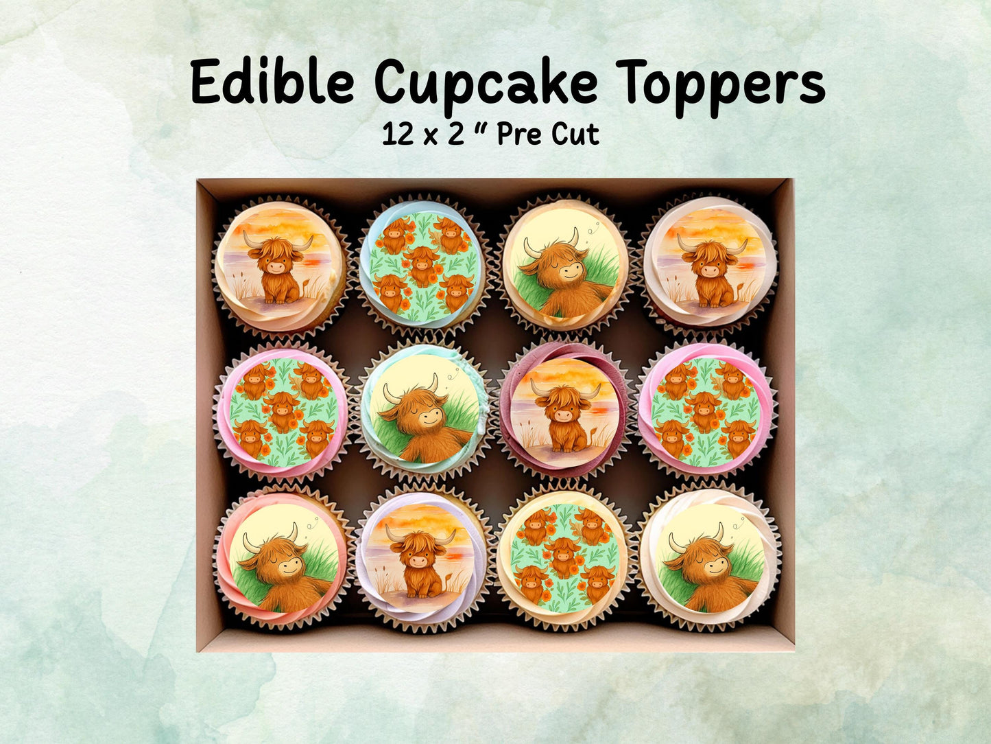 Cute Highland Cow Edible Cupcake Toppers 12 x 2"– Pre cut Wafer Paper, Card or Icing Sheet, Cow Cake Decoration