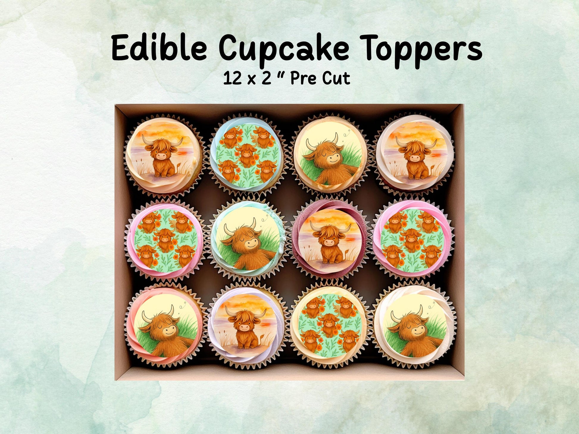 Cute Highland Cow Edible Cupcake Toppers 12 x 2"– Pre cut Wafer Paper, Card or Icing Sheet, Cow Cake Decoration
