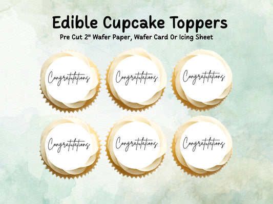 Congratulations Edible Cupcake Toppers 12 x 2" – Pre cut Wafer Paper, Card or Icing Sheet, Engagement Cake Topper, Well Done Cake Topper