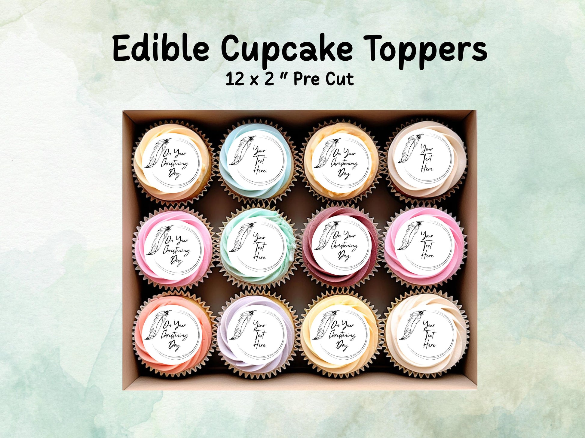Personalised Edible Cupcake Toppers 12 x 2" – Pre cut Wafer Paper, Card or Icing Sheet, Christening Cake Topper, Baptism Cake Topper