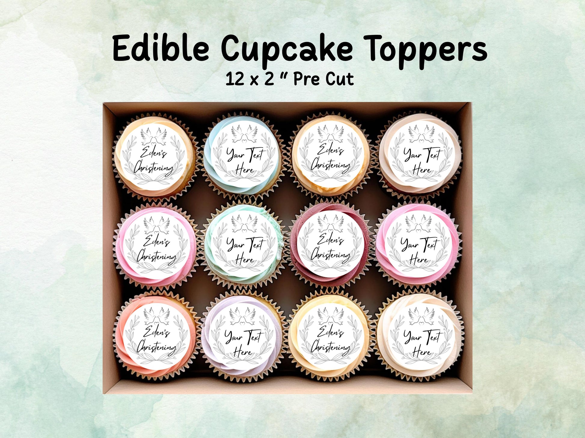 Personalised Edible Cupcake Toppers 12 x 2" – Pre cut Wafer Paper, Card or Icing Sheet, Christening Cake Topper, Baptism Cake Topper