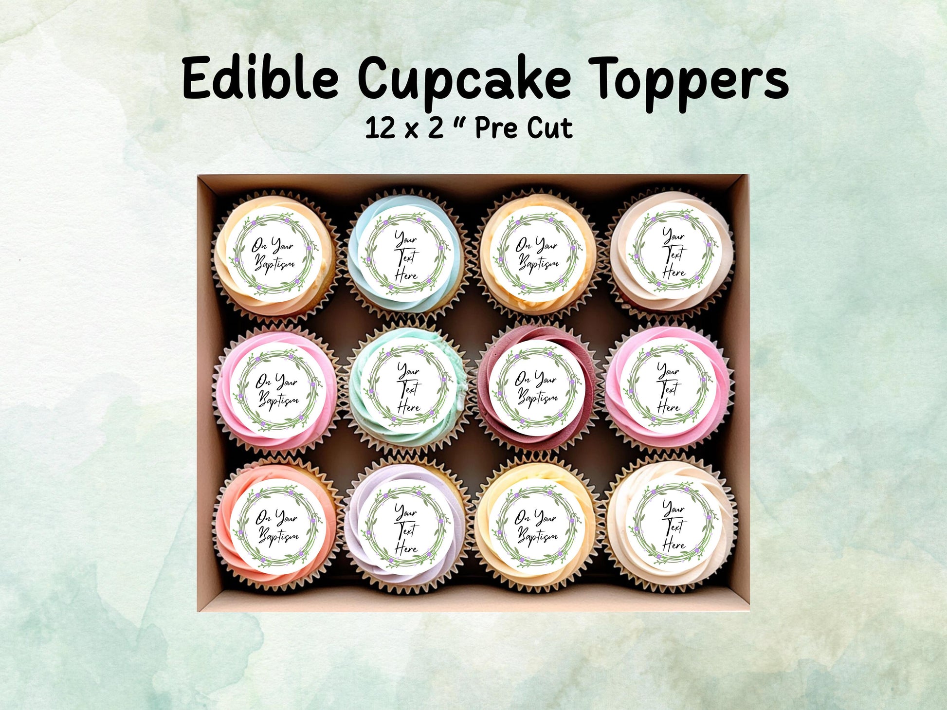 Personalised Edible Cupcake Toppers 12 x 2" – Pre cut Wafer Paper, Card or Icing Sheet, Christening Cake Topper, Baptism Cake Topper