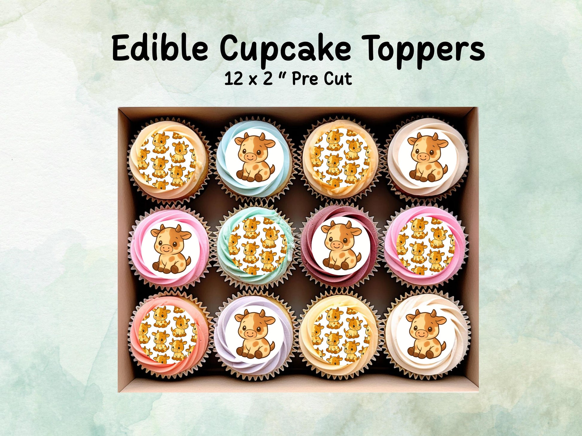 Cute Cow Edible Cupcake Toppers 12 x 2"– Pre cut Wafer Paper, Card or Icing Sheet, Cow Birthday Cake Topper, Kids Birthday Cake