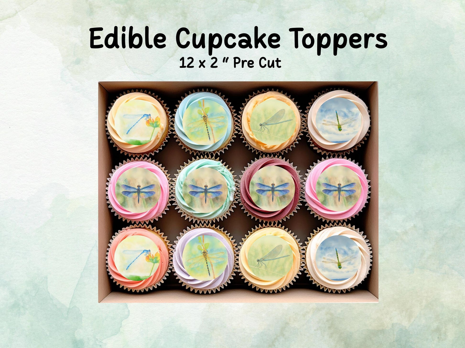 Dragonfly Edible Cupcake Toppers 12 x 2"– Pre cut Wafer Paper, Card or Icing Sheet, Dragonfly Birthday Cake Topper
