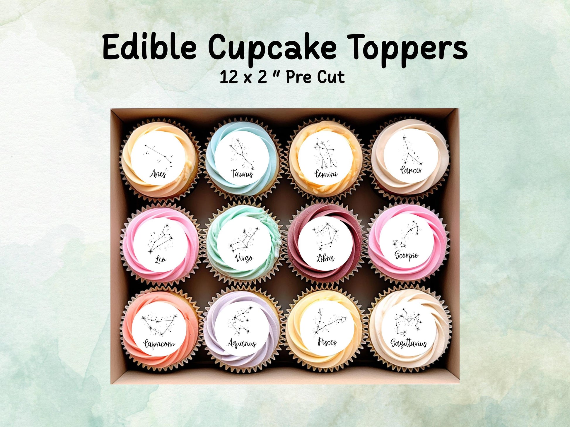 Star Sign Edible Cupcake Toppers 12 x 2"– Pre cut Wafer Paper, Card or Icing Sheet, Signs of the Zodiac Birthday Cake Topper
