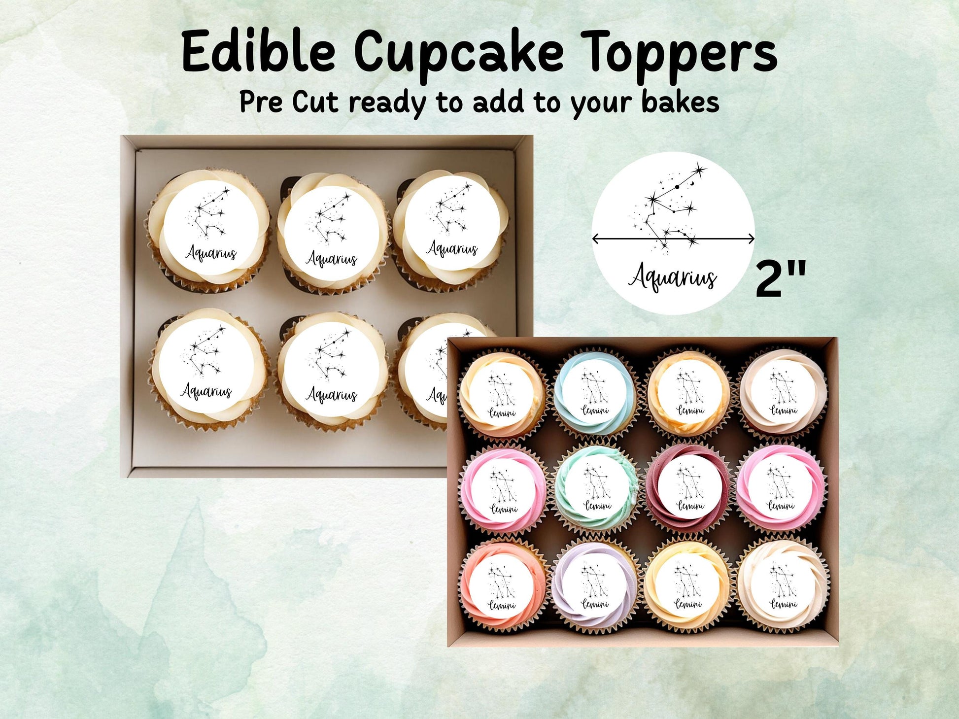 Star Sign Edible Cupcake Toppers 12 x 2"– Pre cut Wafer Paper, Card or Icing Sheet, Signs of the Zodiac Birthday Cake Topper