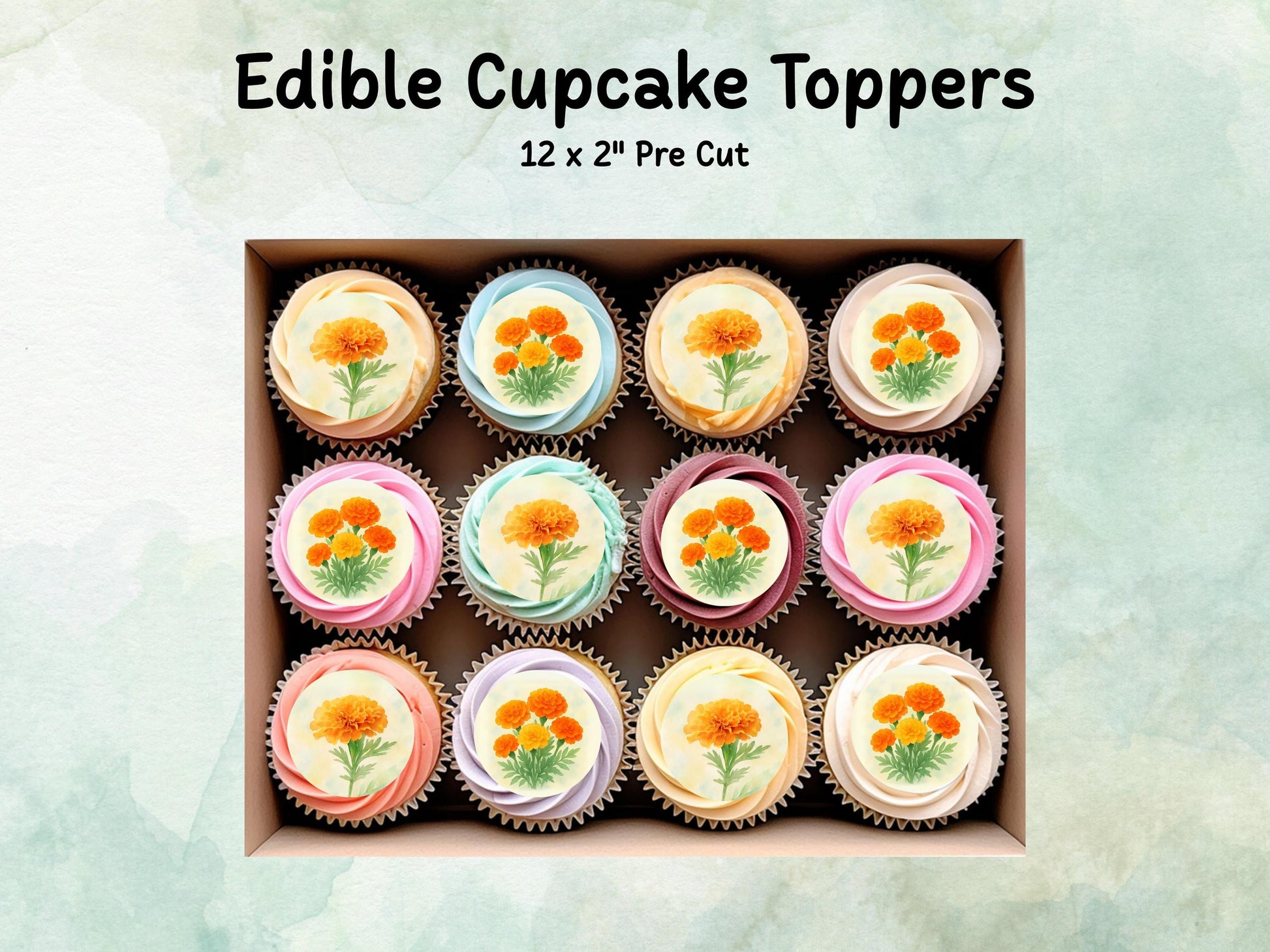 October Birth Flower Edible Cupcake Toppers – 12 x 2" Marigold Design, Pre cut Wafer Paper, Card or Icing Sheet, Floral Cake Topper